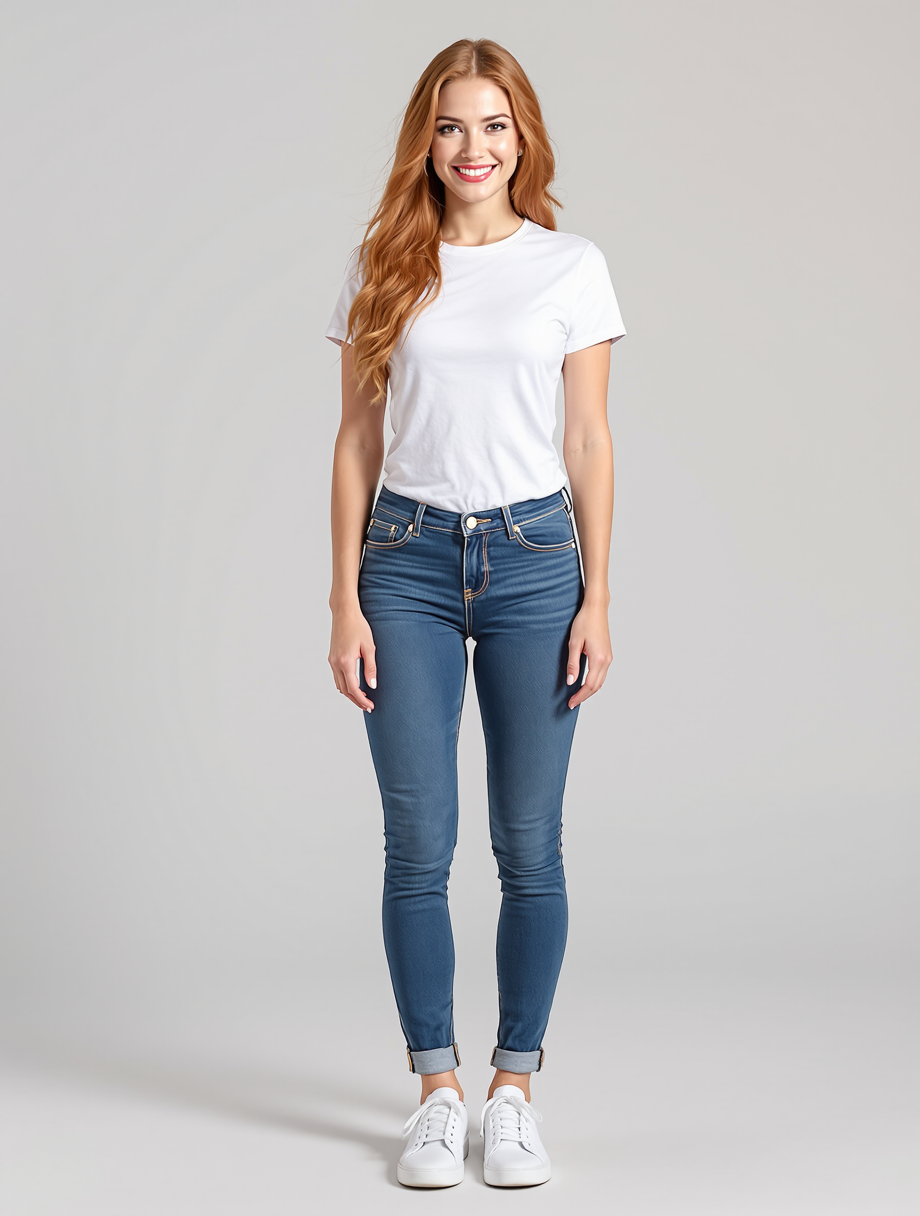 Person with reddish-brown hair in white tee and cuffed jeans
