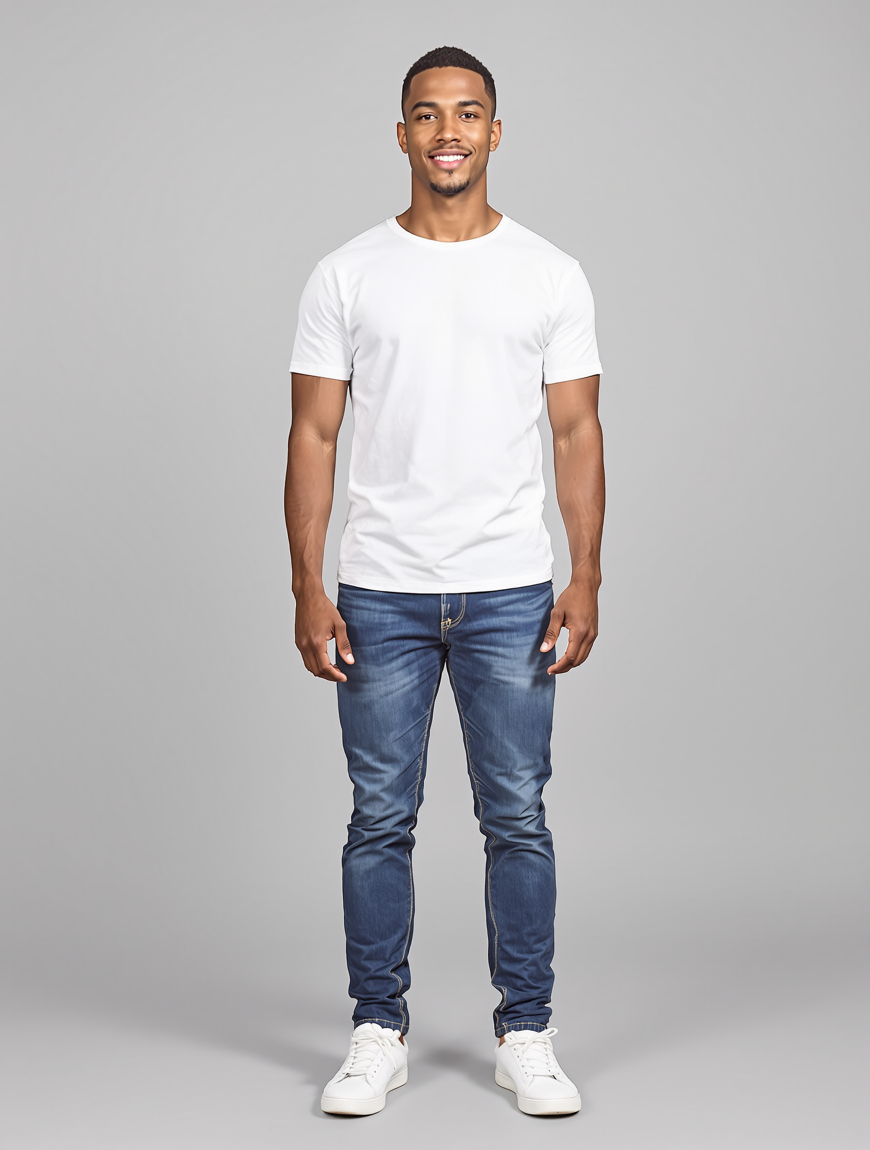 Man in white t-shirt and blue jeans standing against gray background