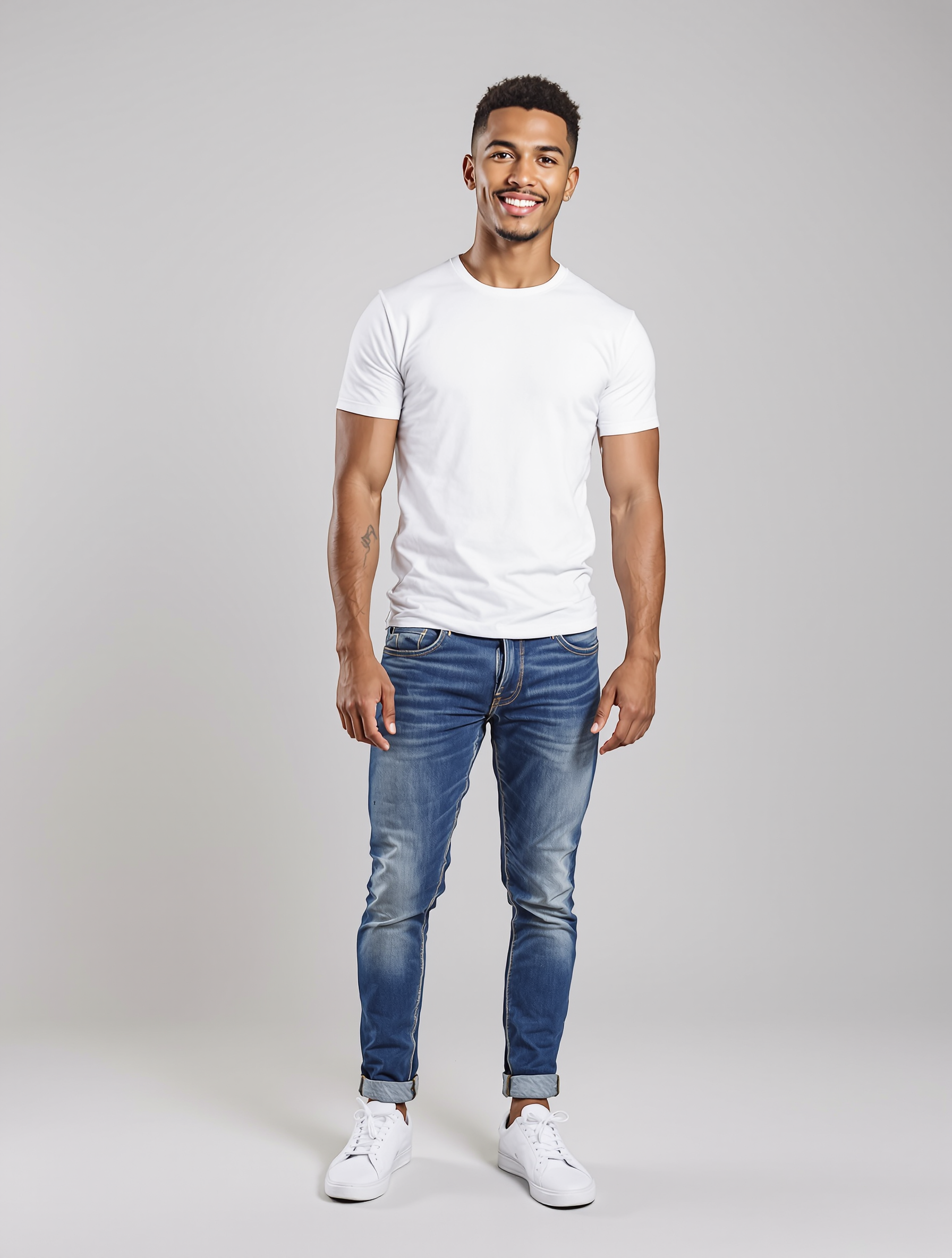 Man in white t-shirt and rolled dark jeans with white sneakers