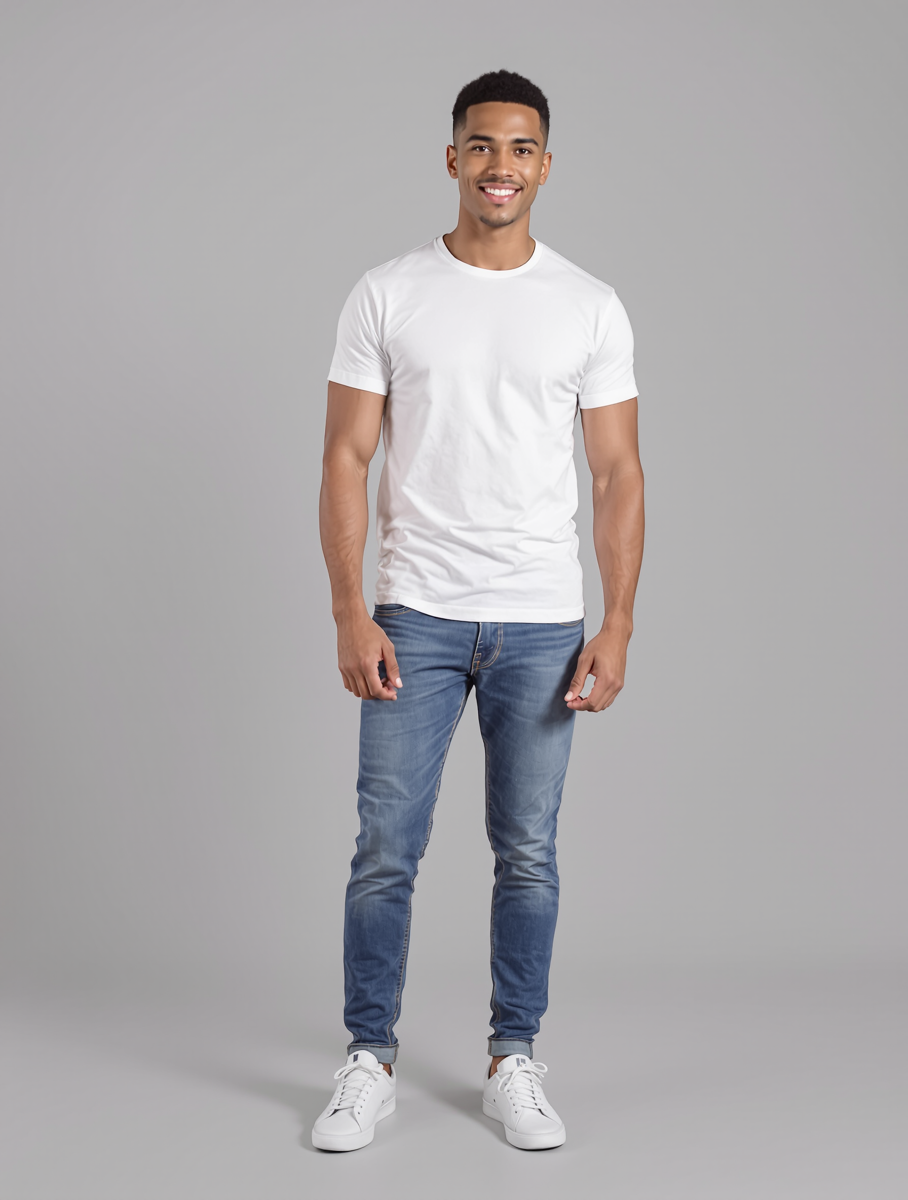 Man in white t-shirt and blue jeans with white sneakers