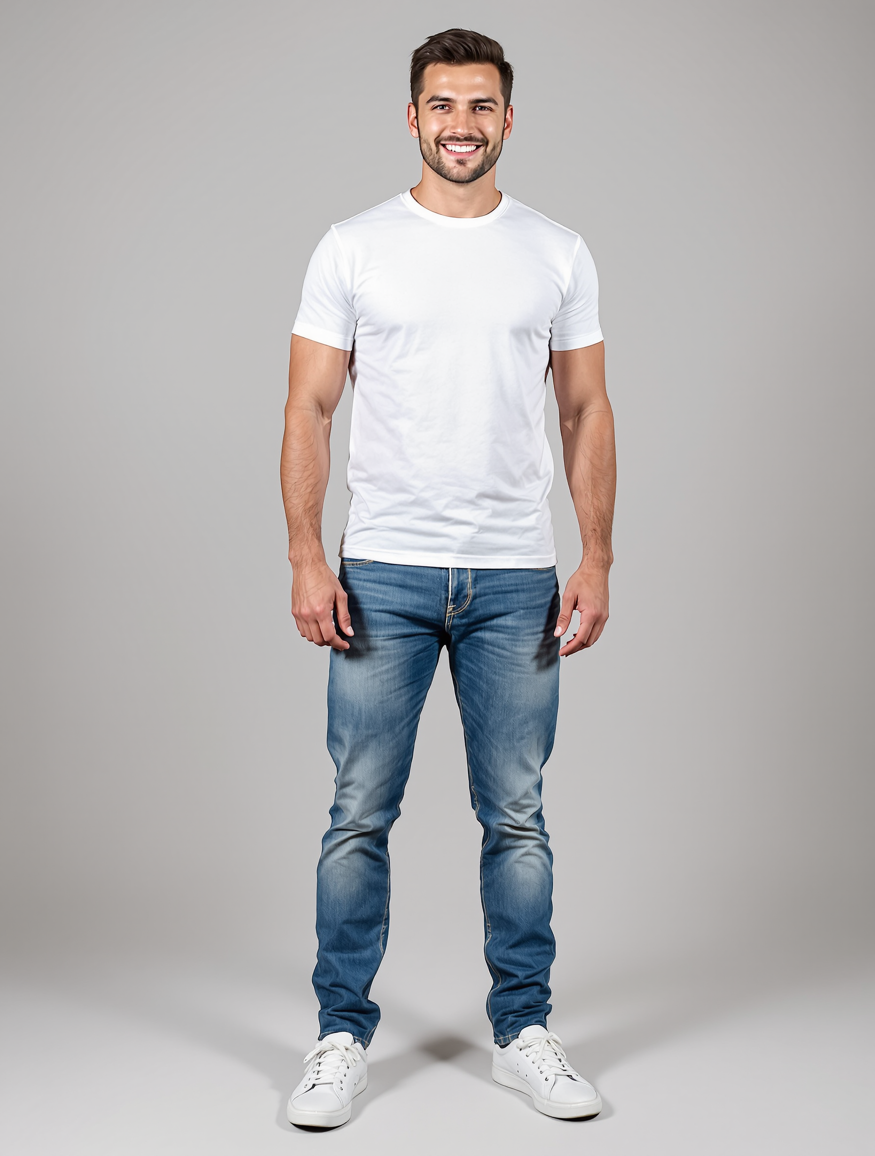 Man in white t-shirt and blue jeans standing against gray background