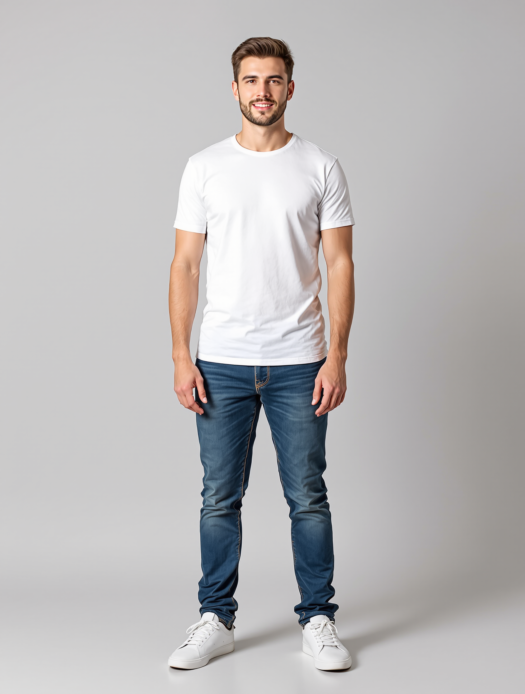 Man in white t-shirt and blue jeans standing against gray background