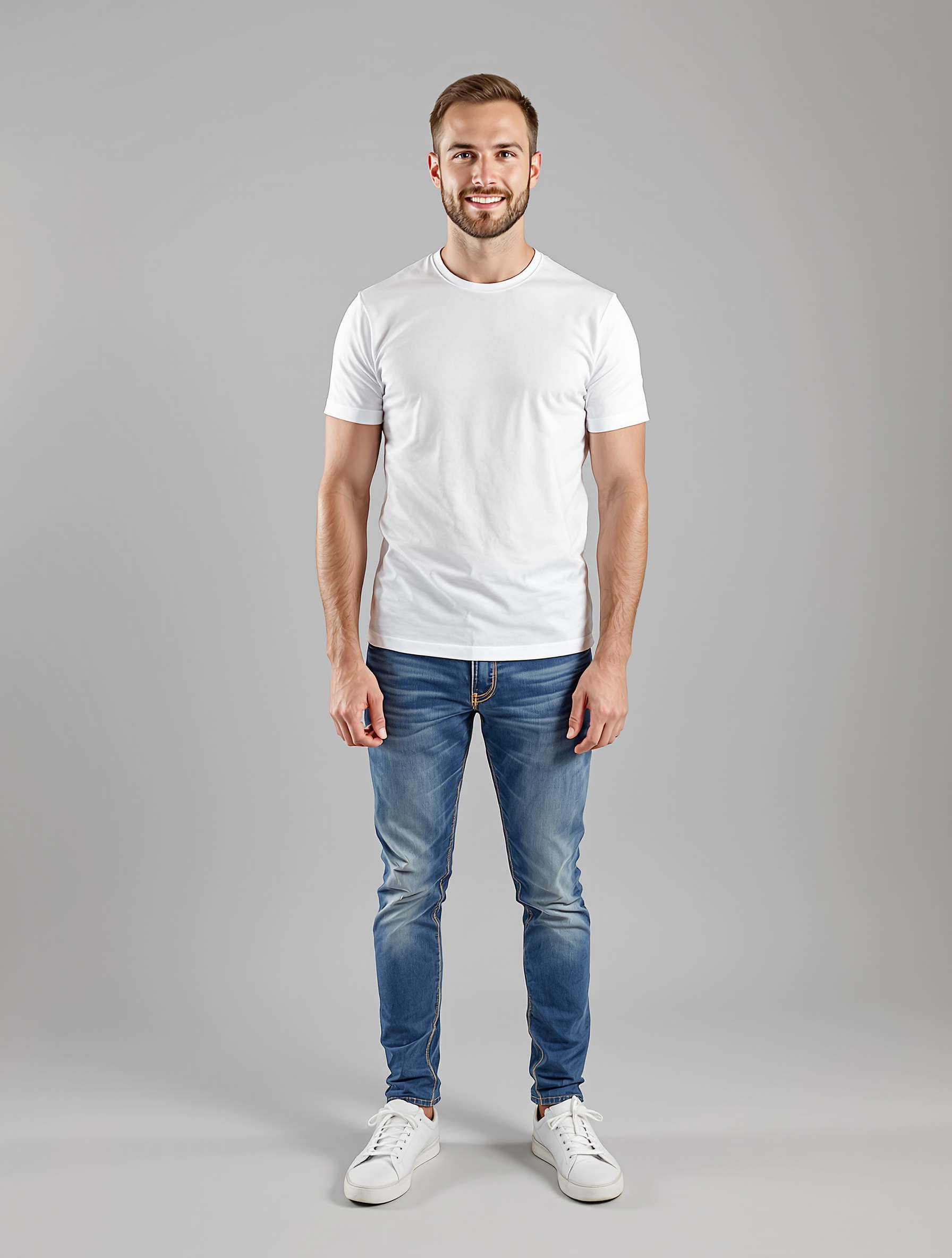 Man in white t-shirt and blue jeans standing against gray background