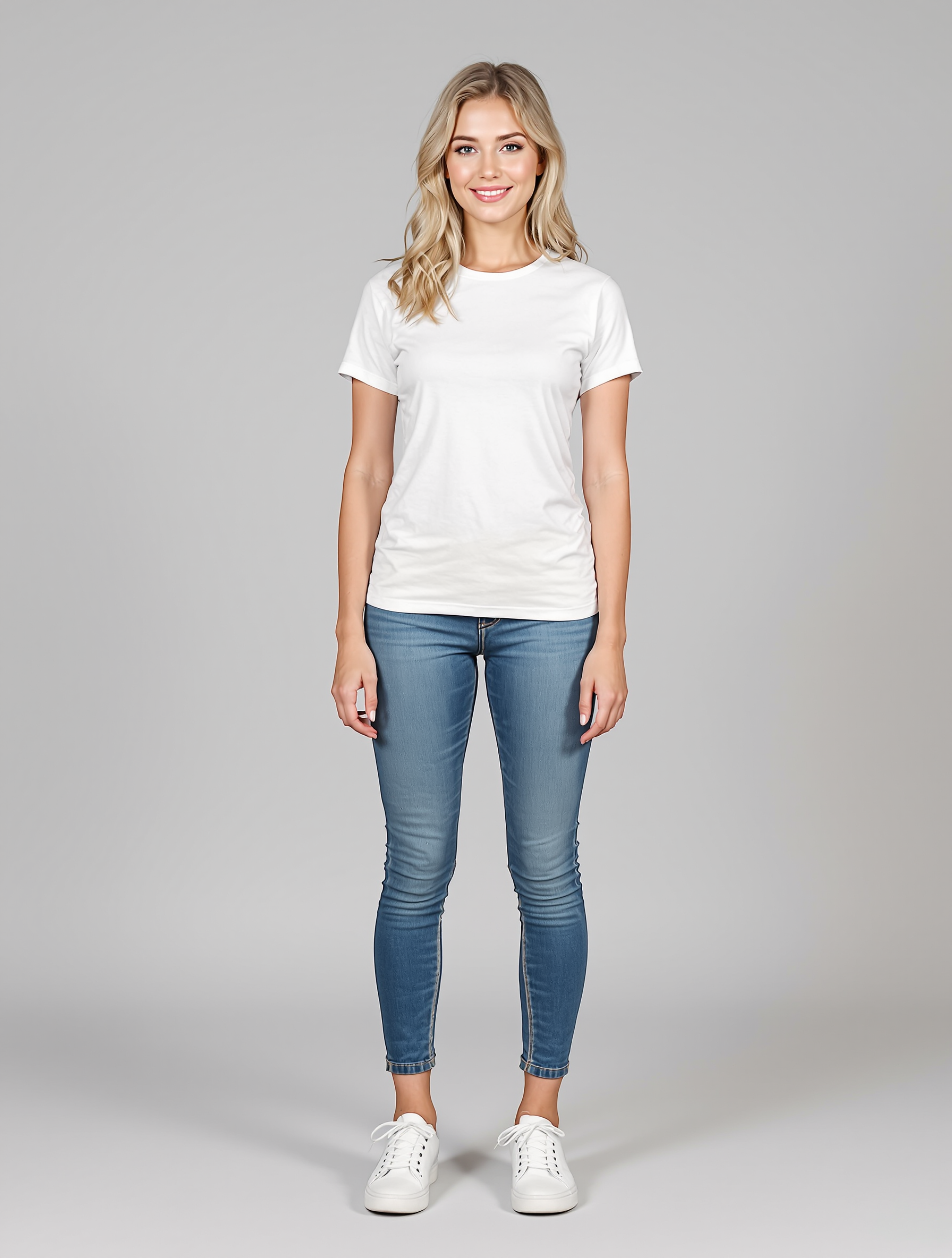 Person in white t-shirt and blue jeans standing against gray background
