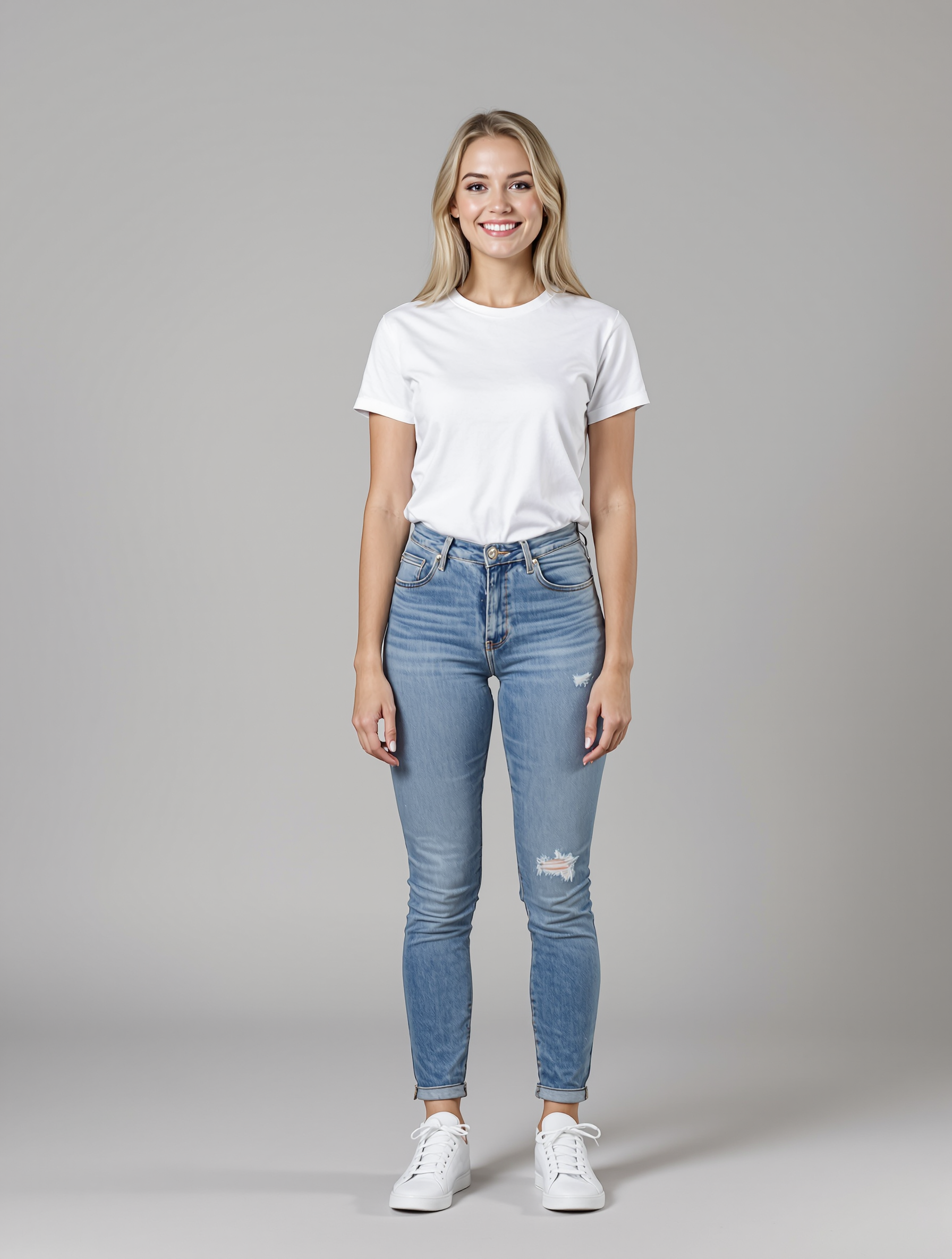 Woman in white t-shirt and distressed blue jeans standing against gray background