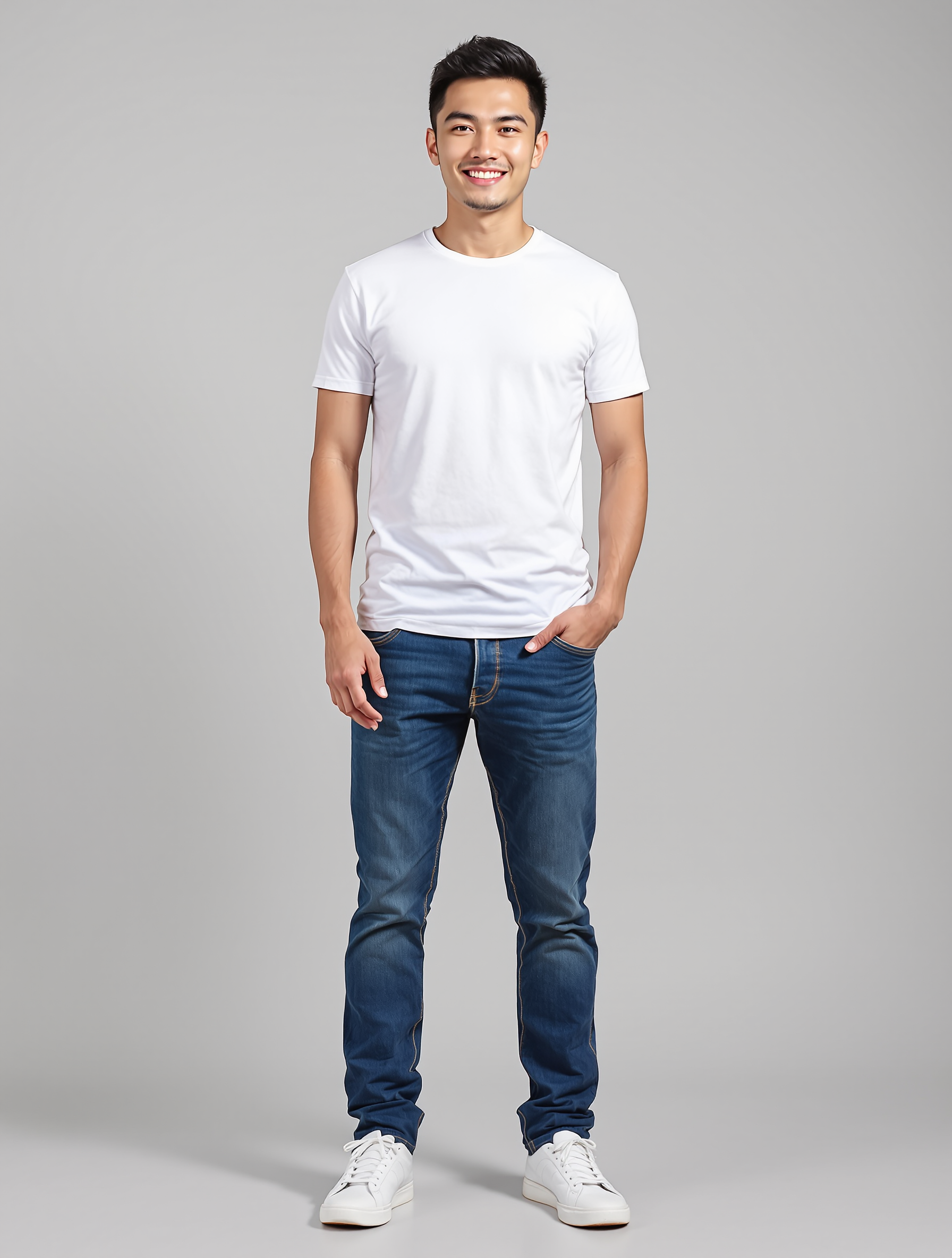 Man in white t-shirt and dark jeans with white sneakers