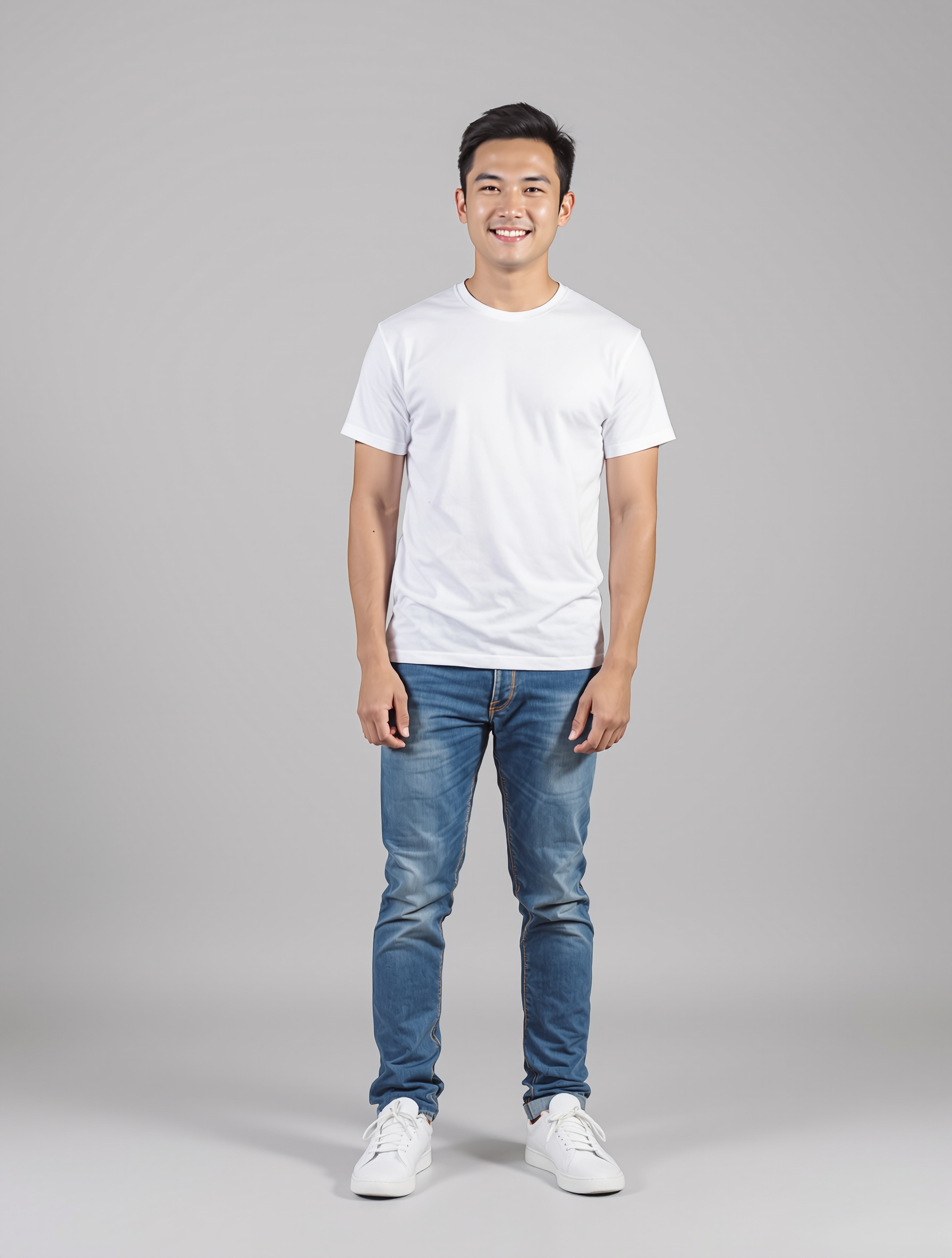 Young man in white t-shirt and blue jeans standing portrait