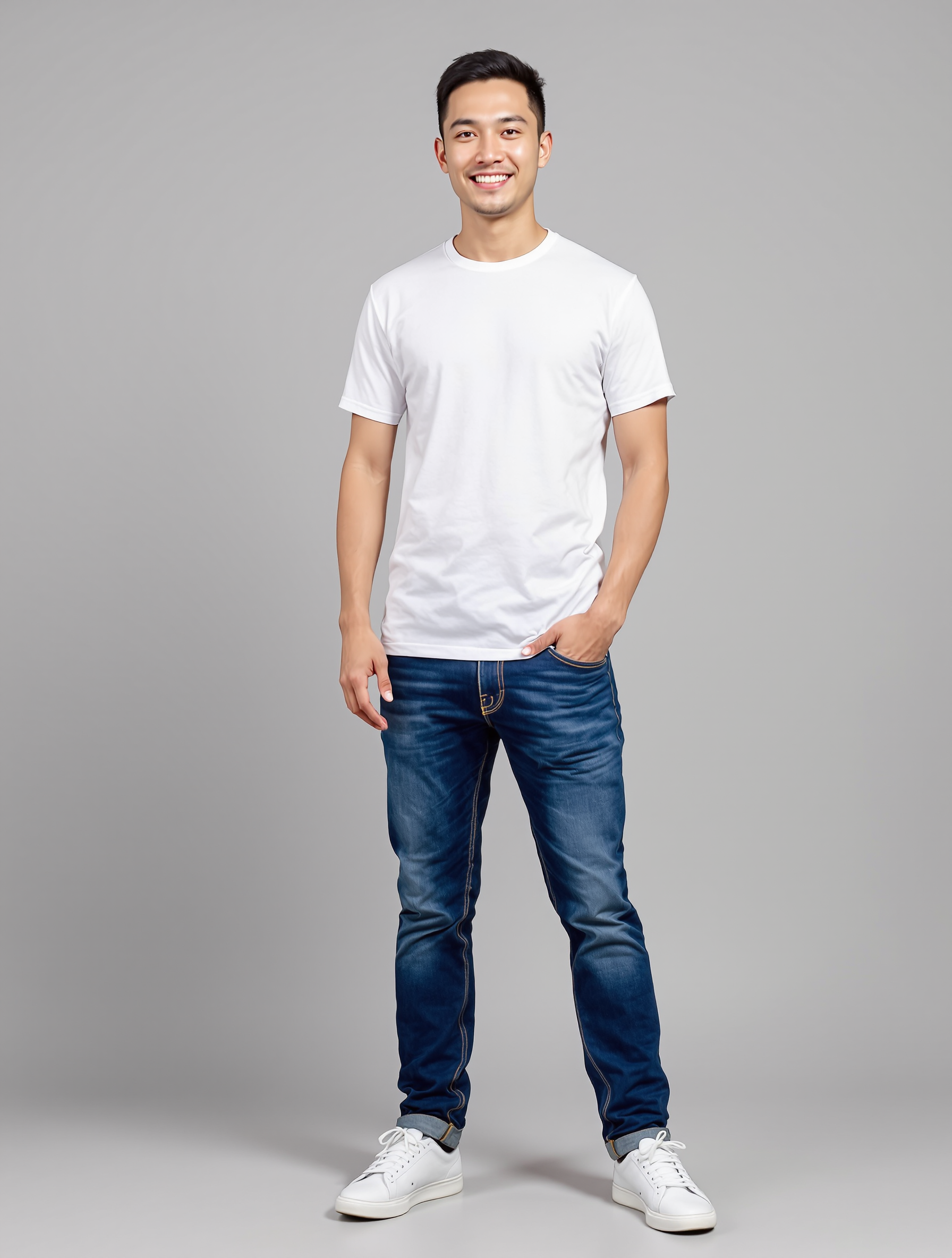 Man in white t-shirt and dark jeans with white sneakers