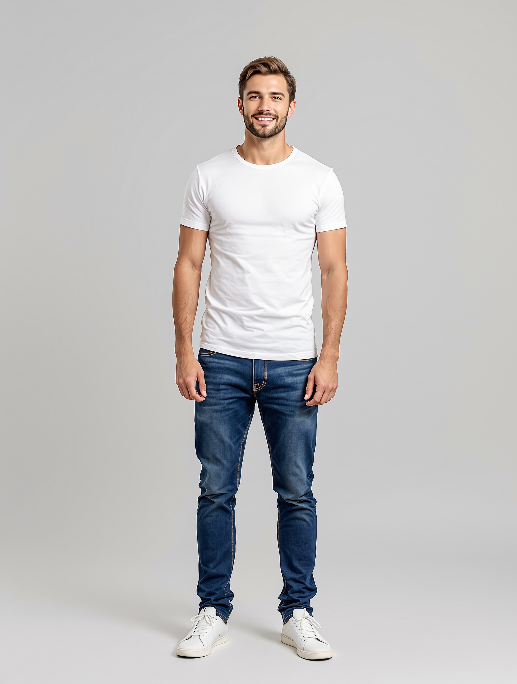 Man in white crew neck t-shirt and dark jeans