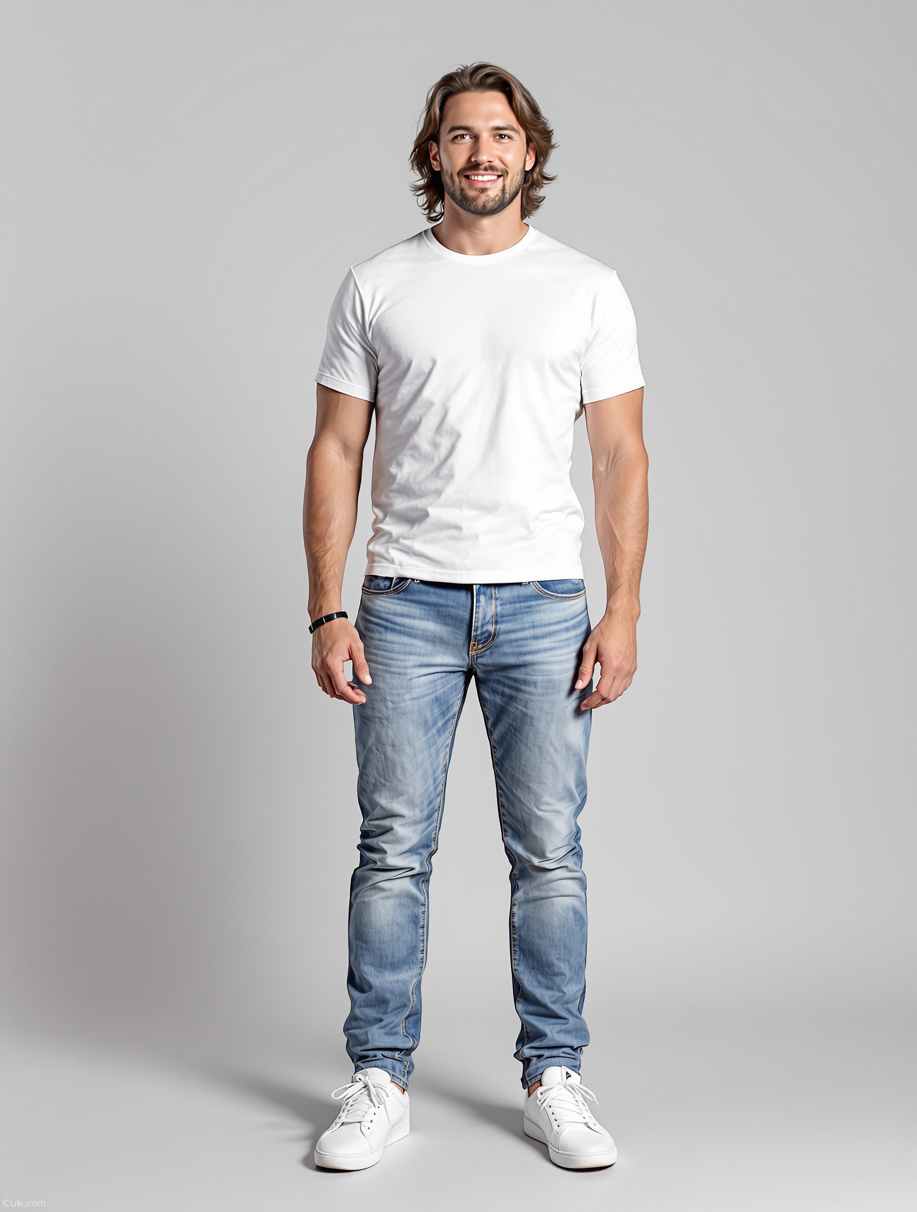 Man in white tee and blue jeans with shoulder-length wavy hair