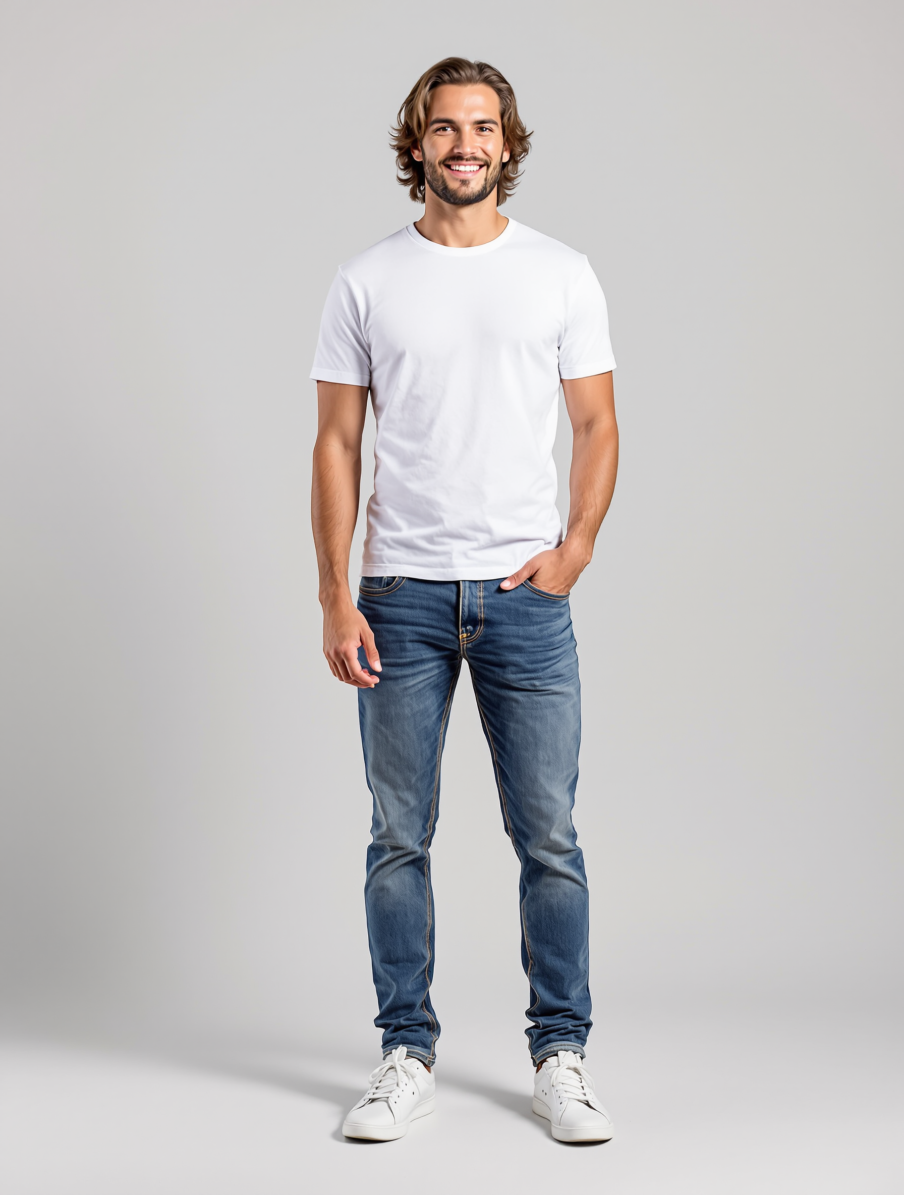 Man in white t-shirt and blue jeans standing against gray background