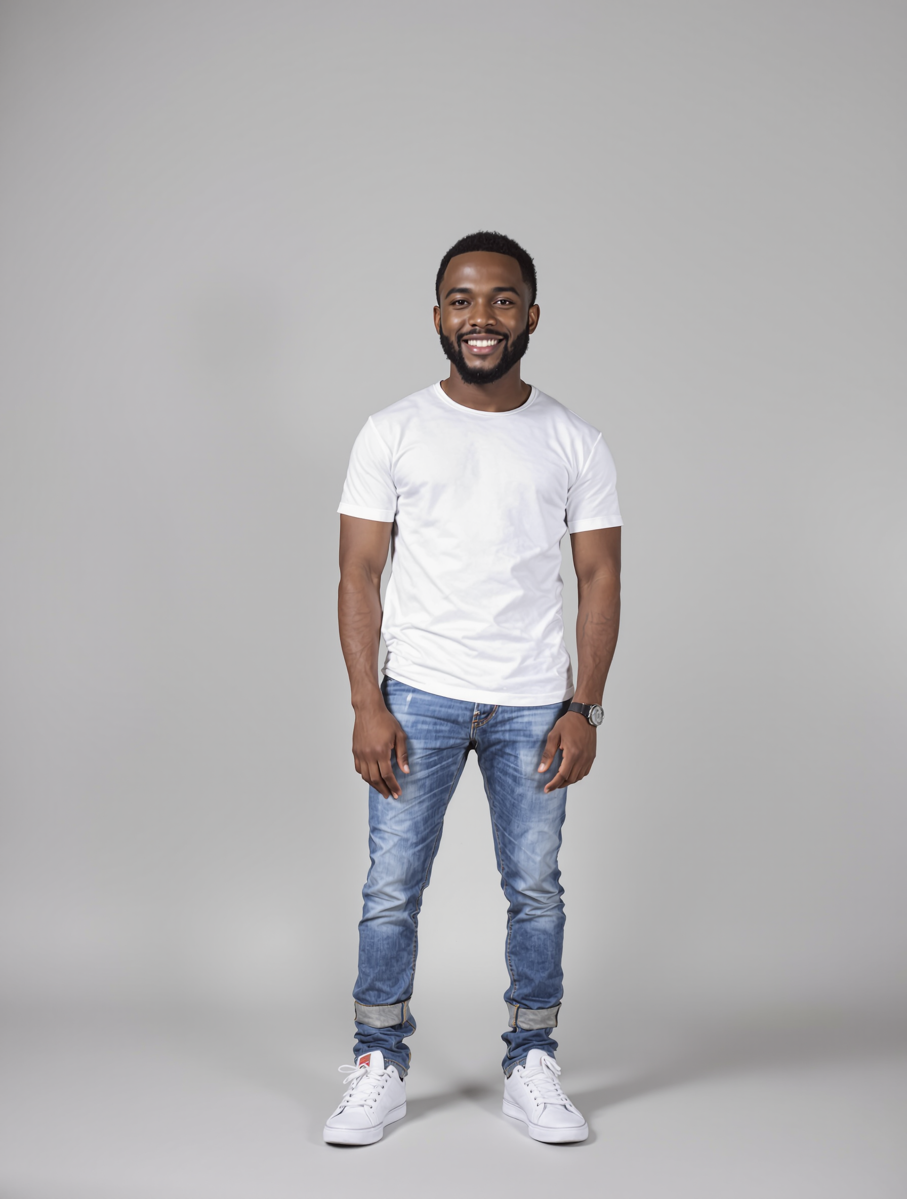 Man in white t-shirt and rolled jeans with white sneakers