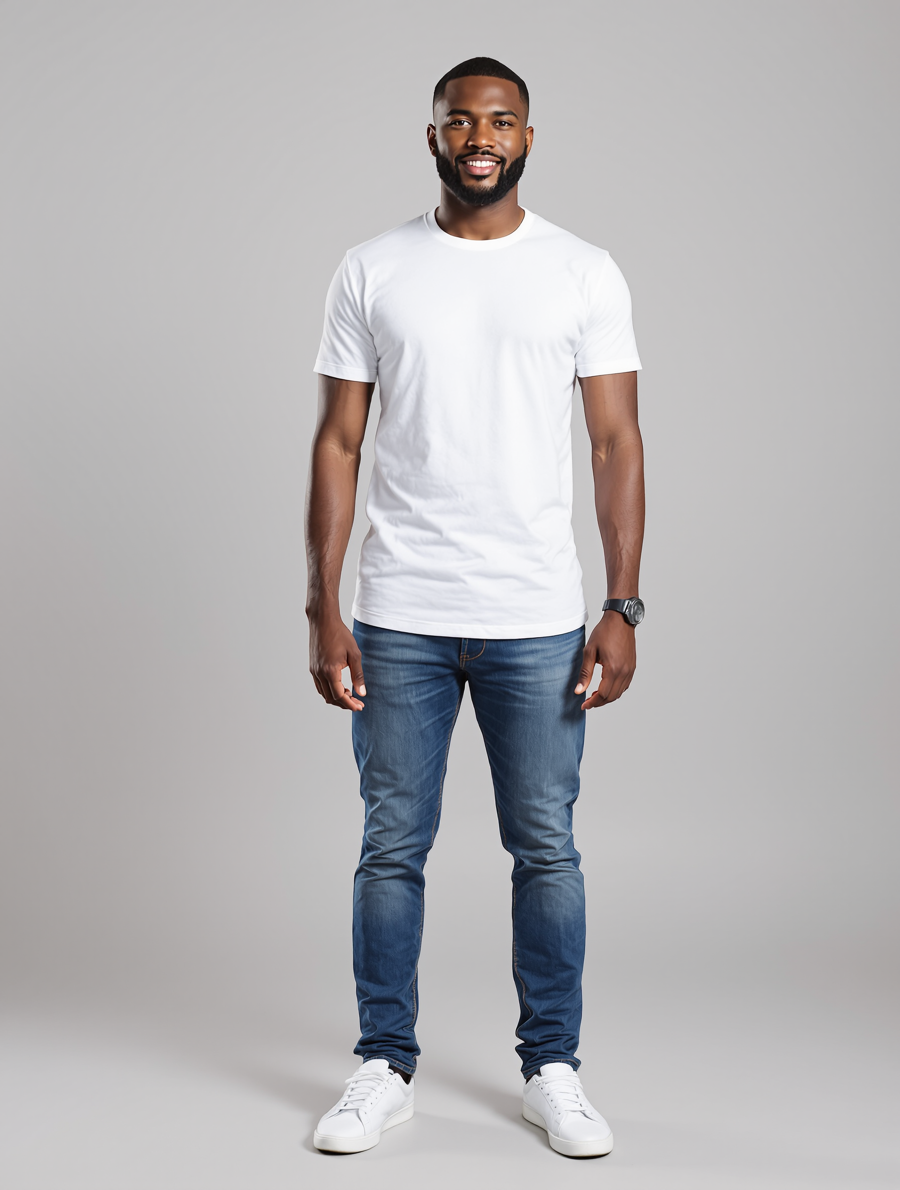 Man in white t-shirt and blue jeans smiling at camera