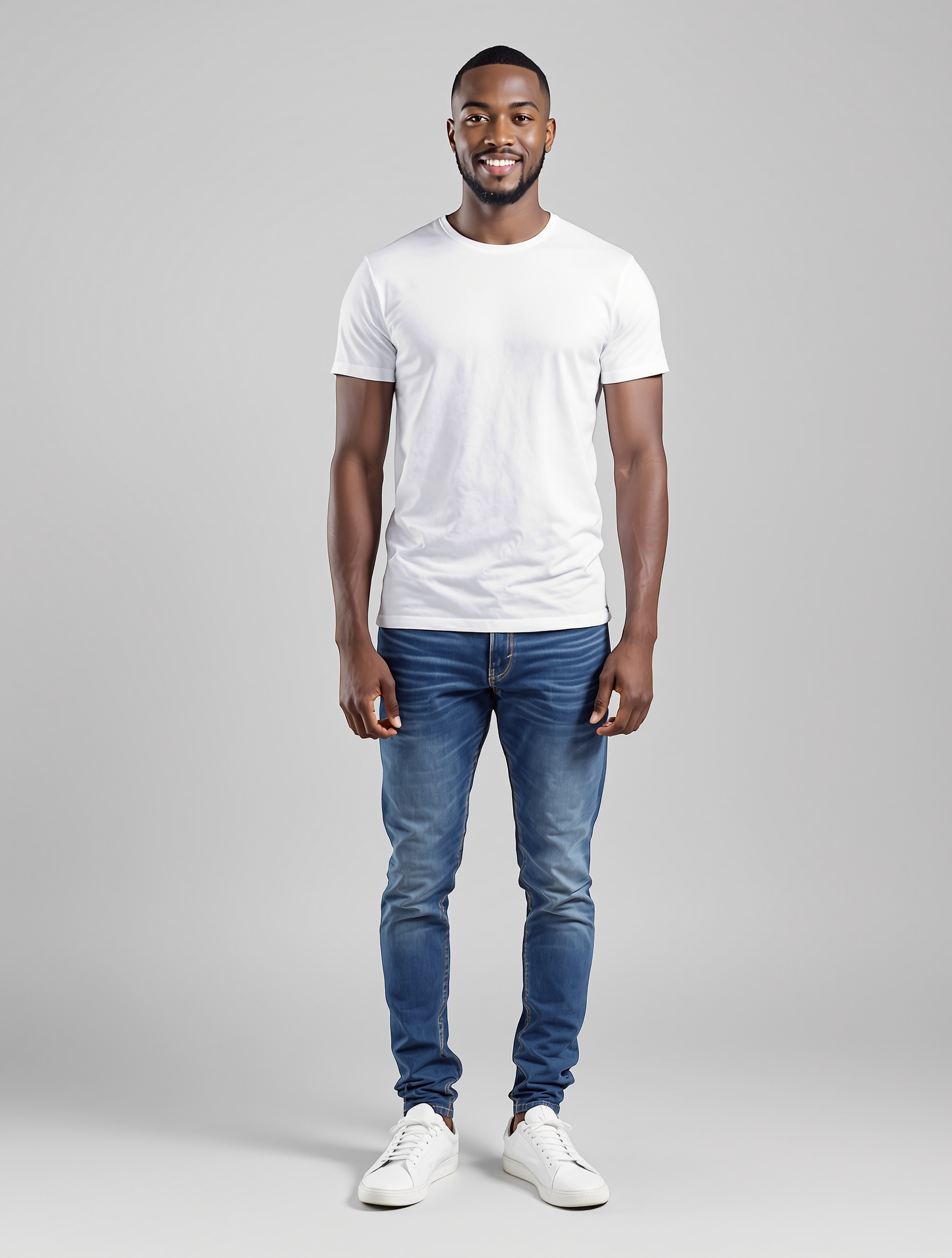 Man in white t-shirt and blue jeans smiling at camera