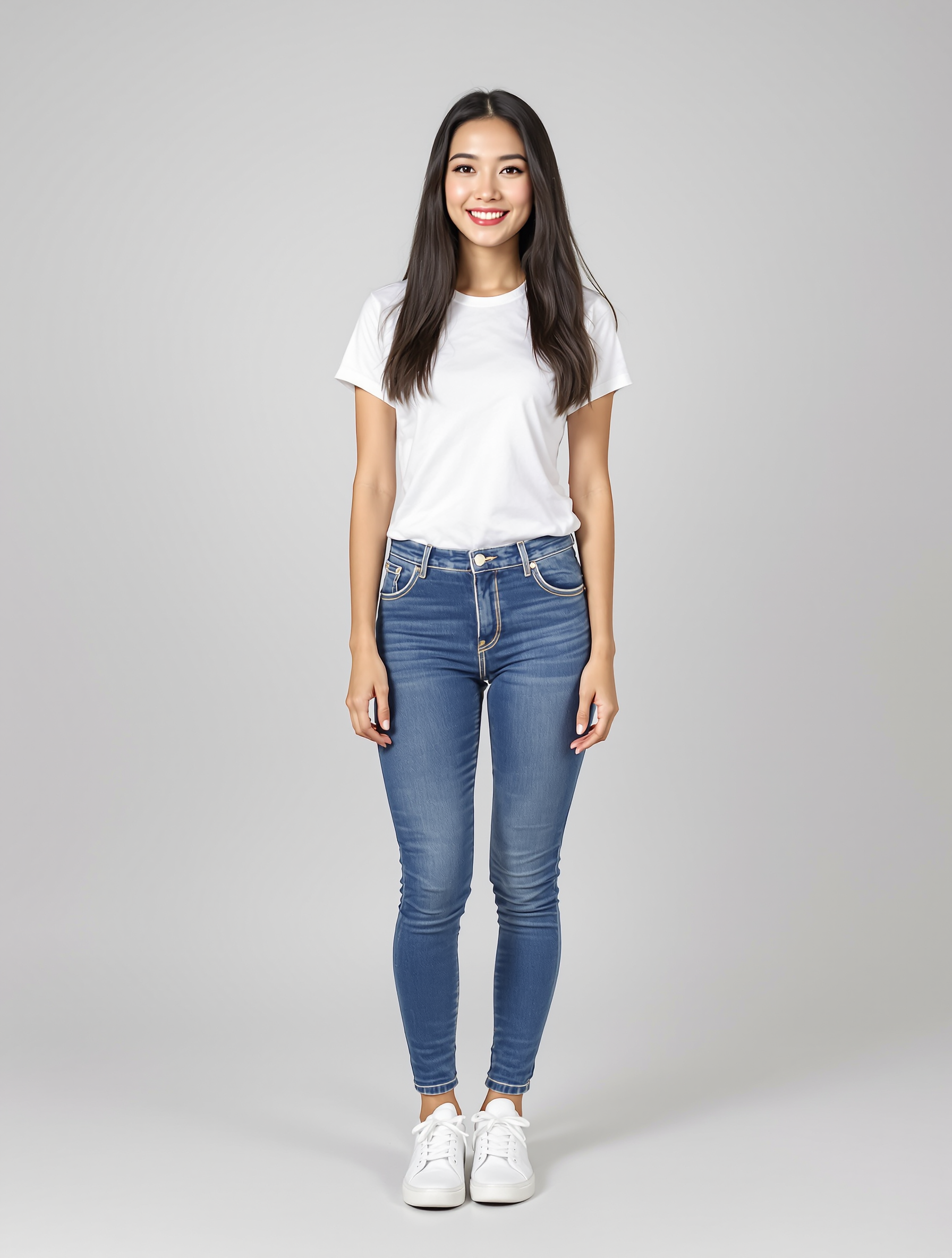 Woman in white t-shirt and blue jeans with white sneakers