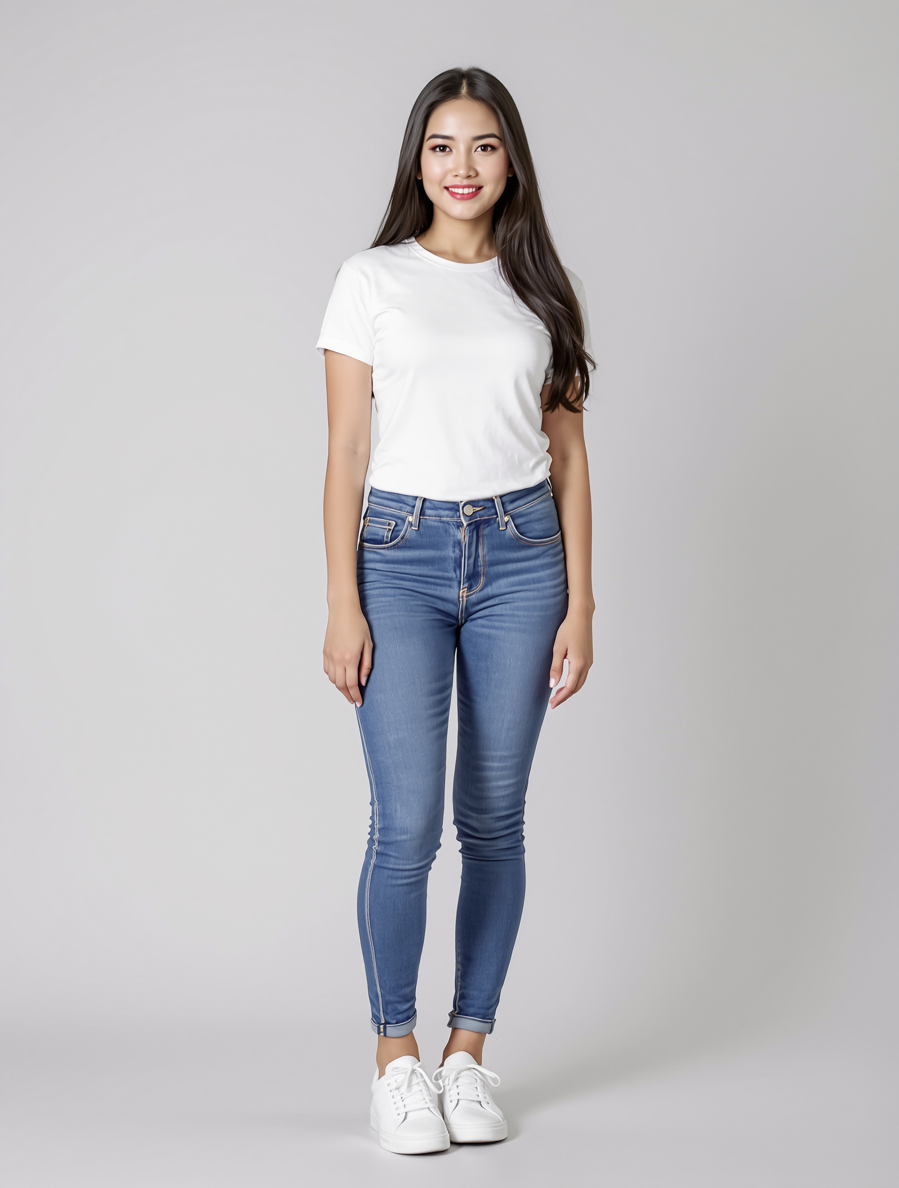 Woman in white t-shirt and blue skinny jeans with white sneakers
