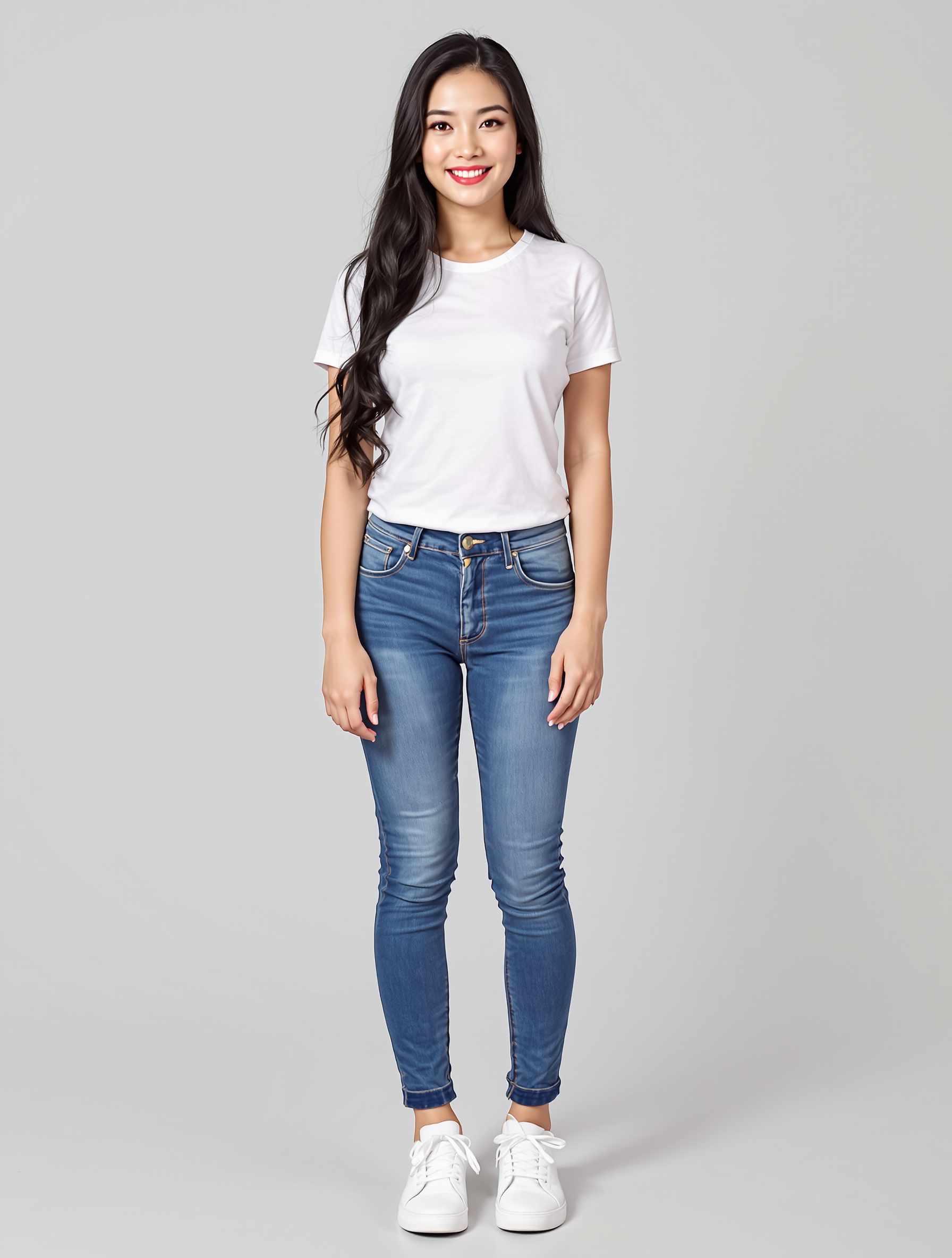 Woman in white t-shirt and blue skinny jeans with white sneakers