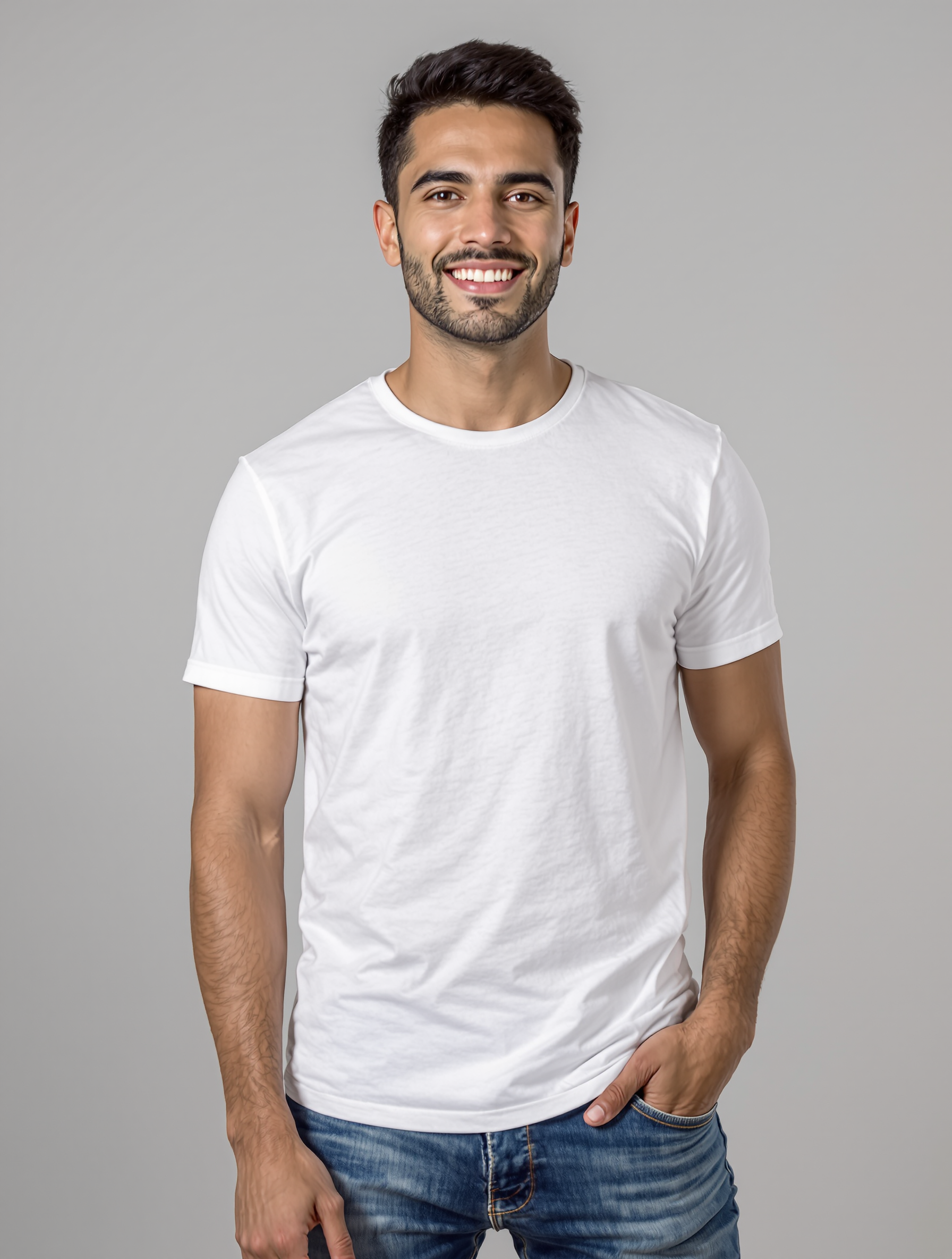 Man in white t-shirt and jeans smiling at camera