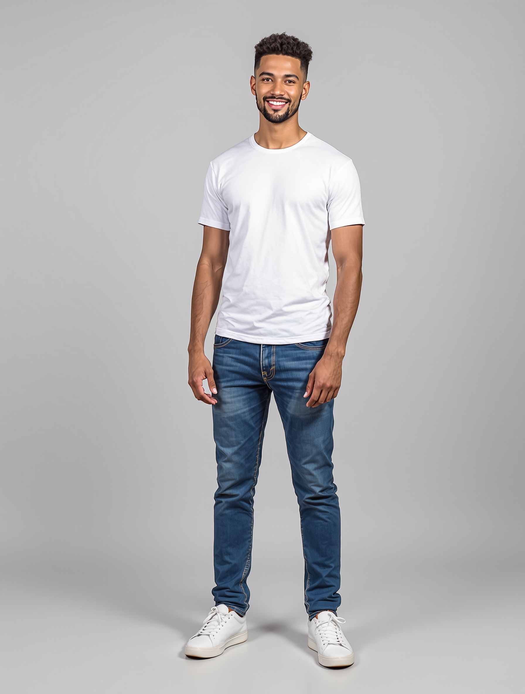Man in white t-shirt and blue jeans smiling at camera
