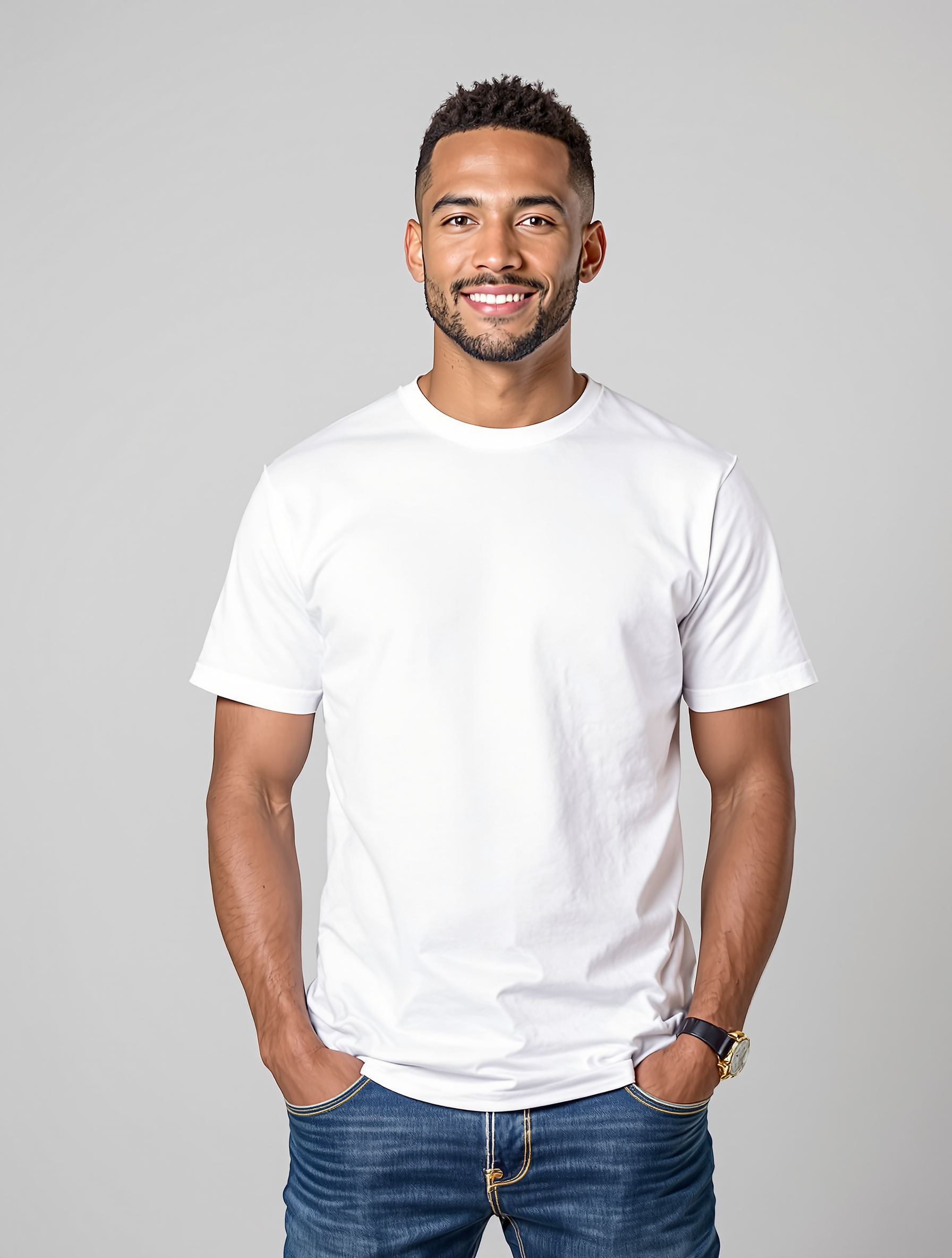 Man in white t-shirt and blue jeans smiling at camera