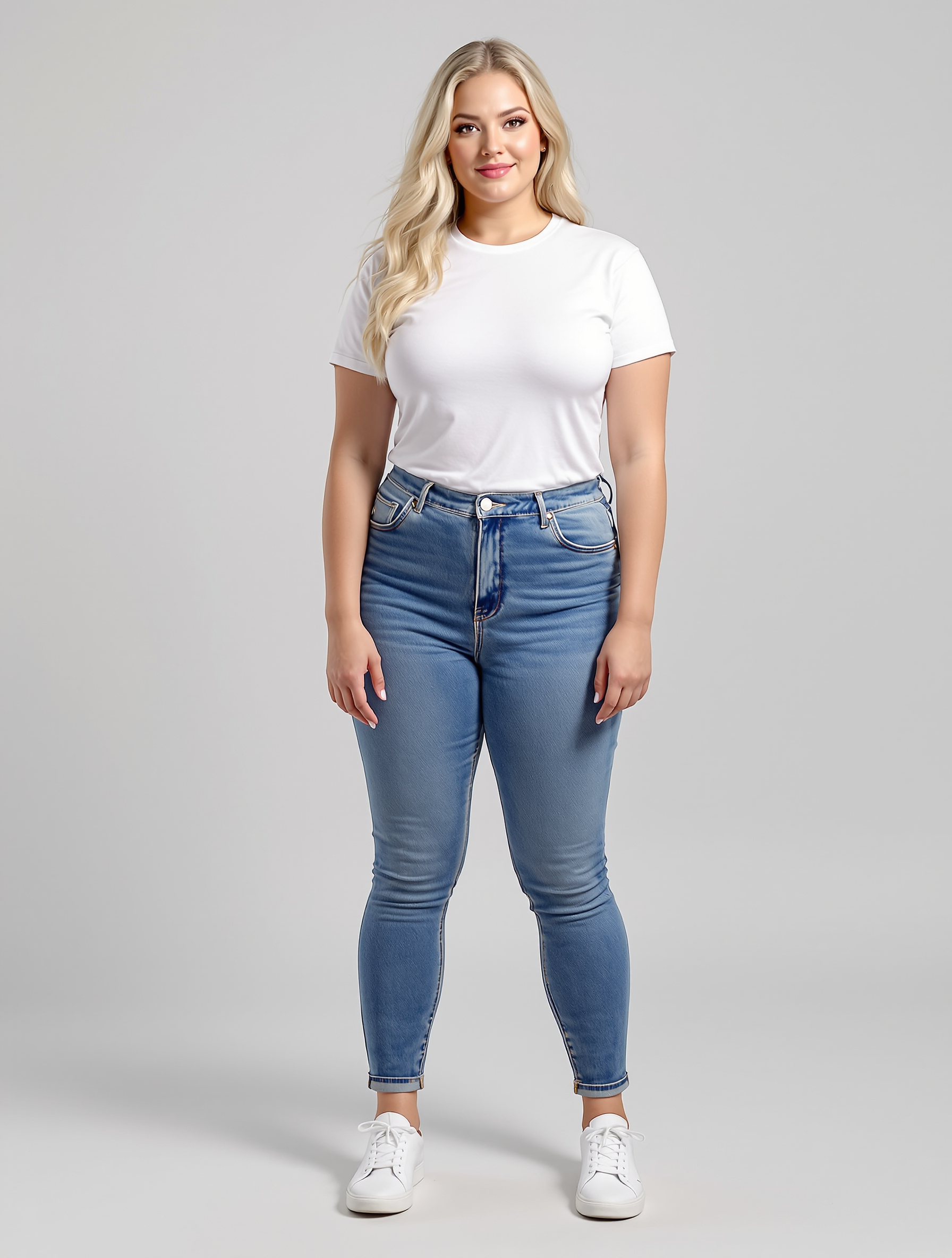 Woman in white t-shirt and blue skinny jeans with white sneakers