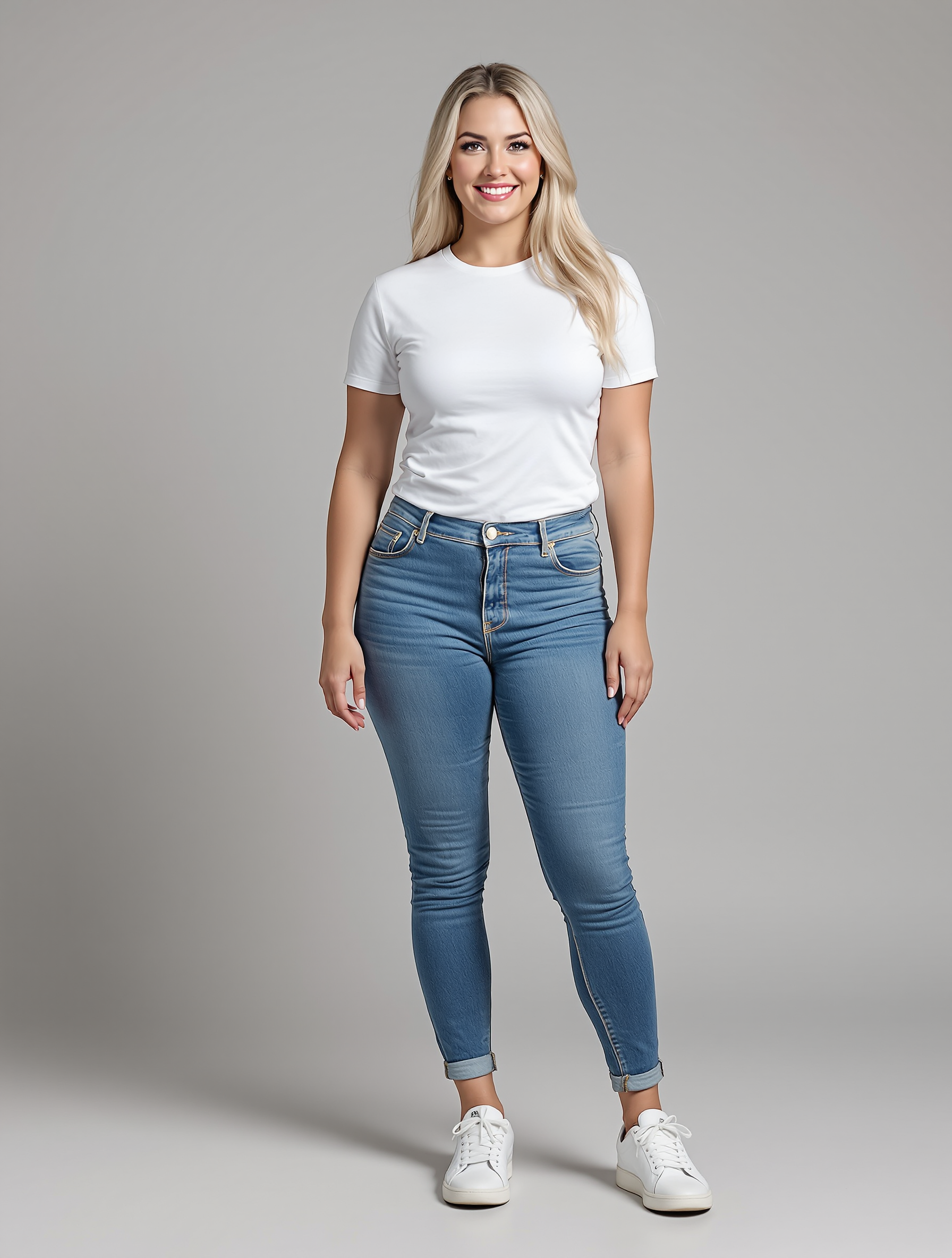 Woman in white t-shirt and blue skinny jeans with white sneakers