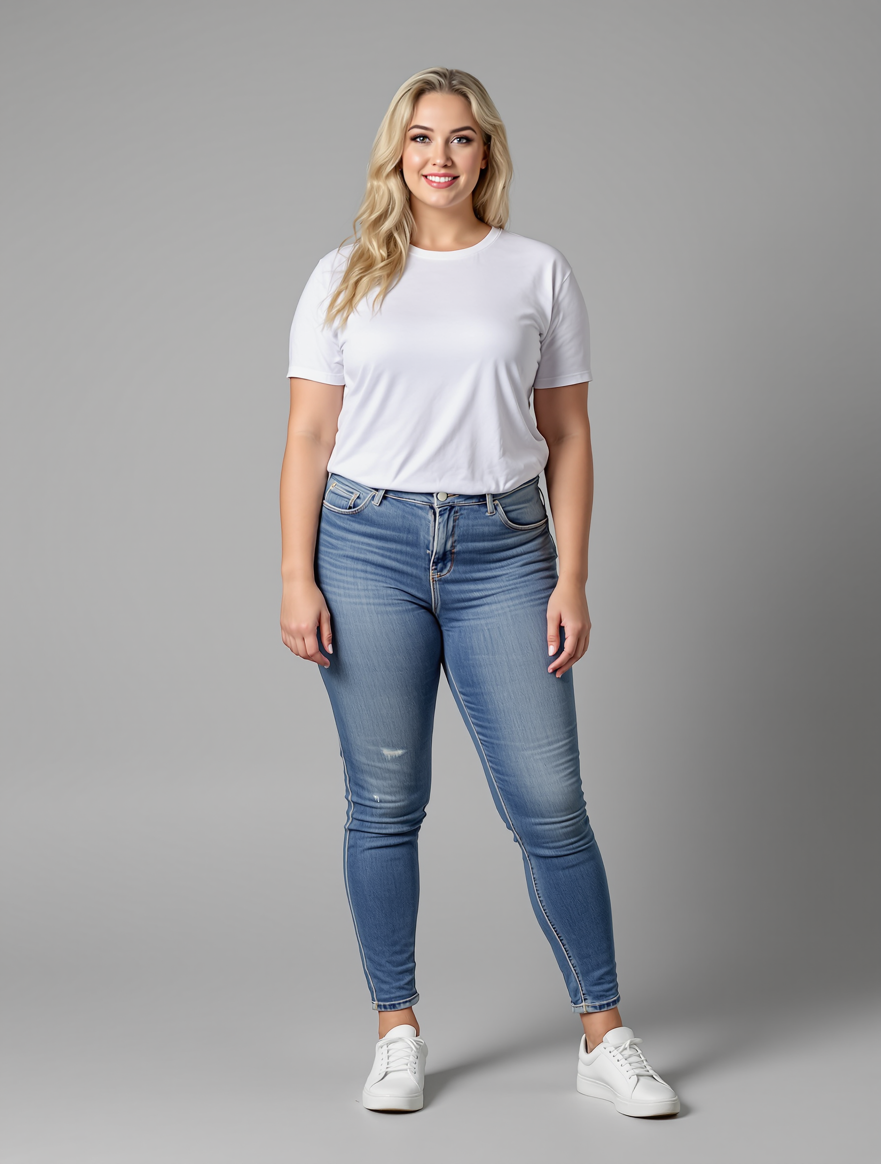 Person in white t-shirt and blue jeans with white sneakers