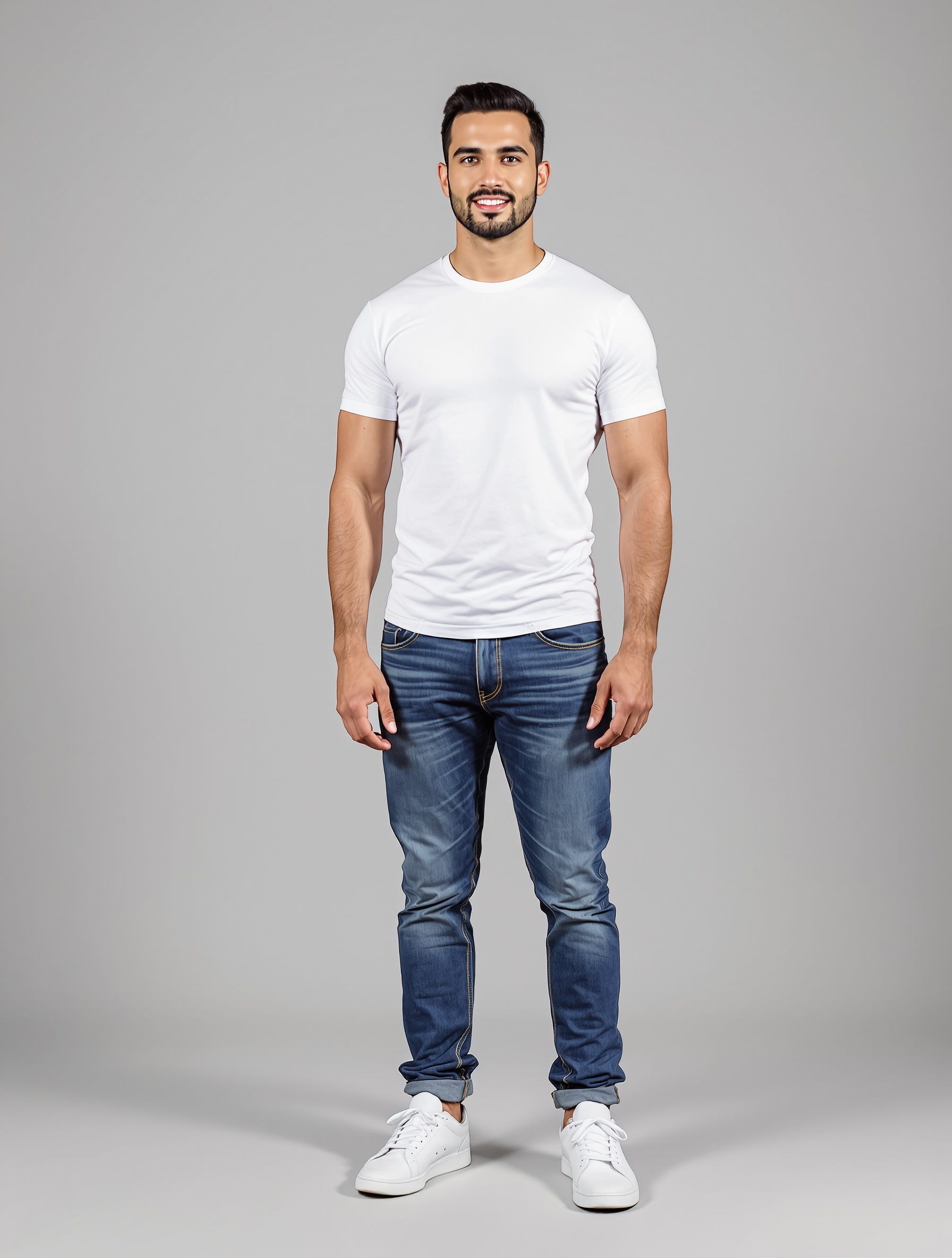 Man in white t-shirt and blue jeans with white sneakers