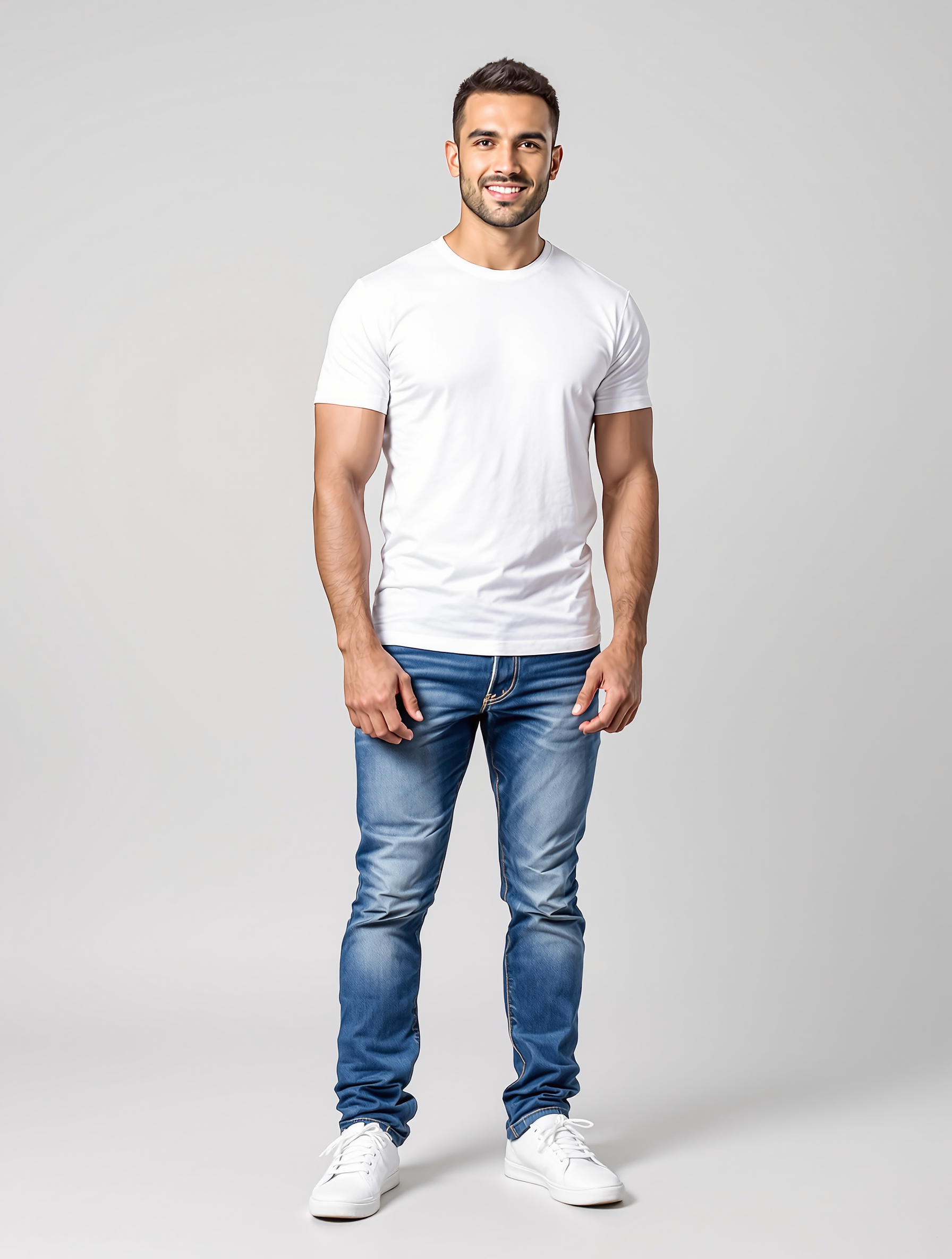 Man in white t-shirt and blue jeans standing against gray background