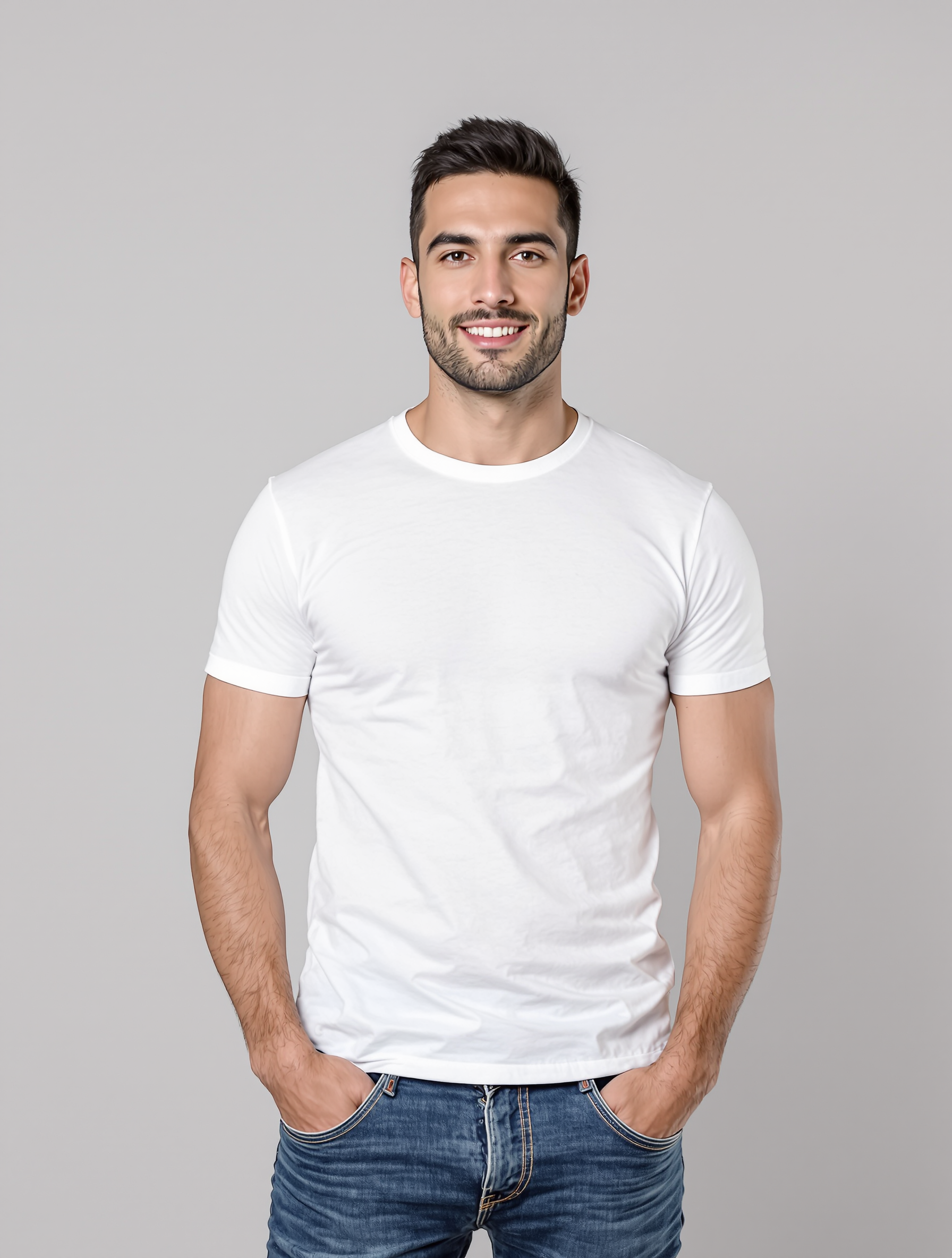 Man in white crew neck t-shirt and blue jeans smiling