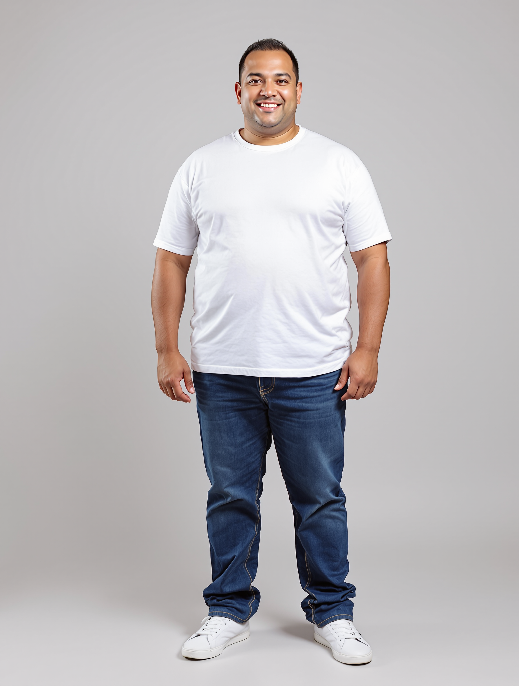 Man in white crew neck t-shirt and dark jeans smiling