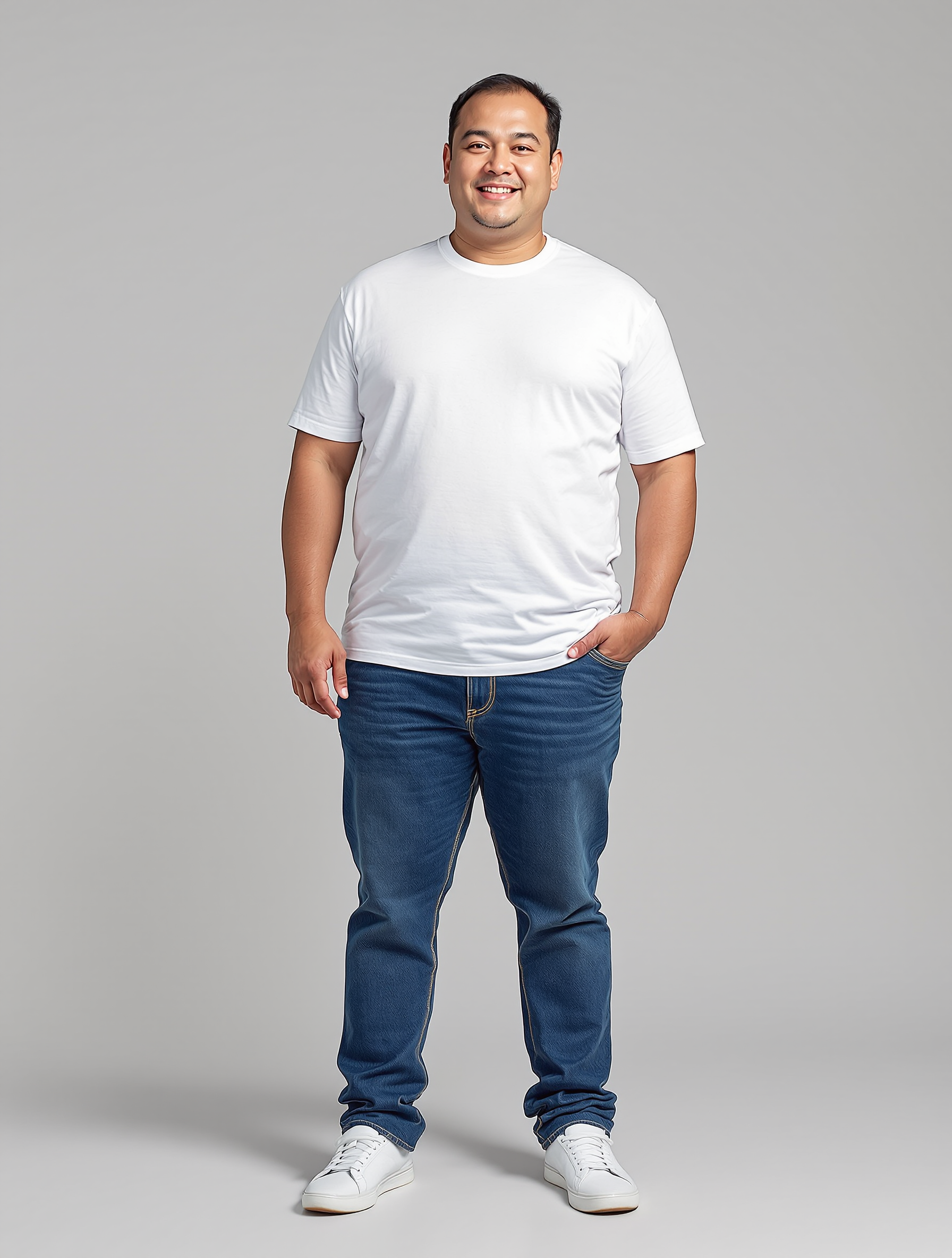 Man in white t-shirt and dark jeans standing against gray background