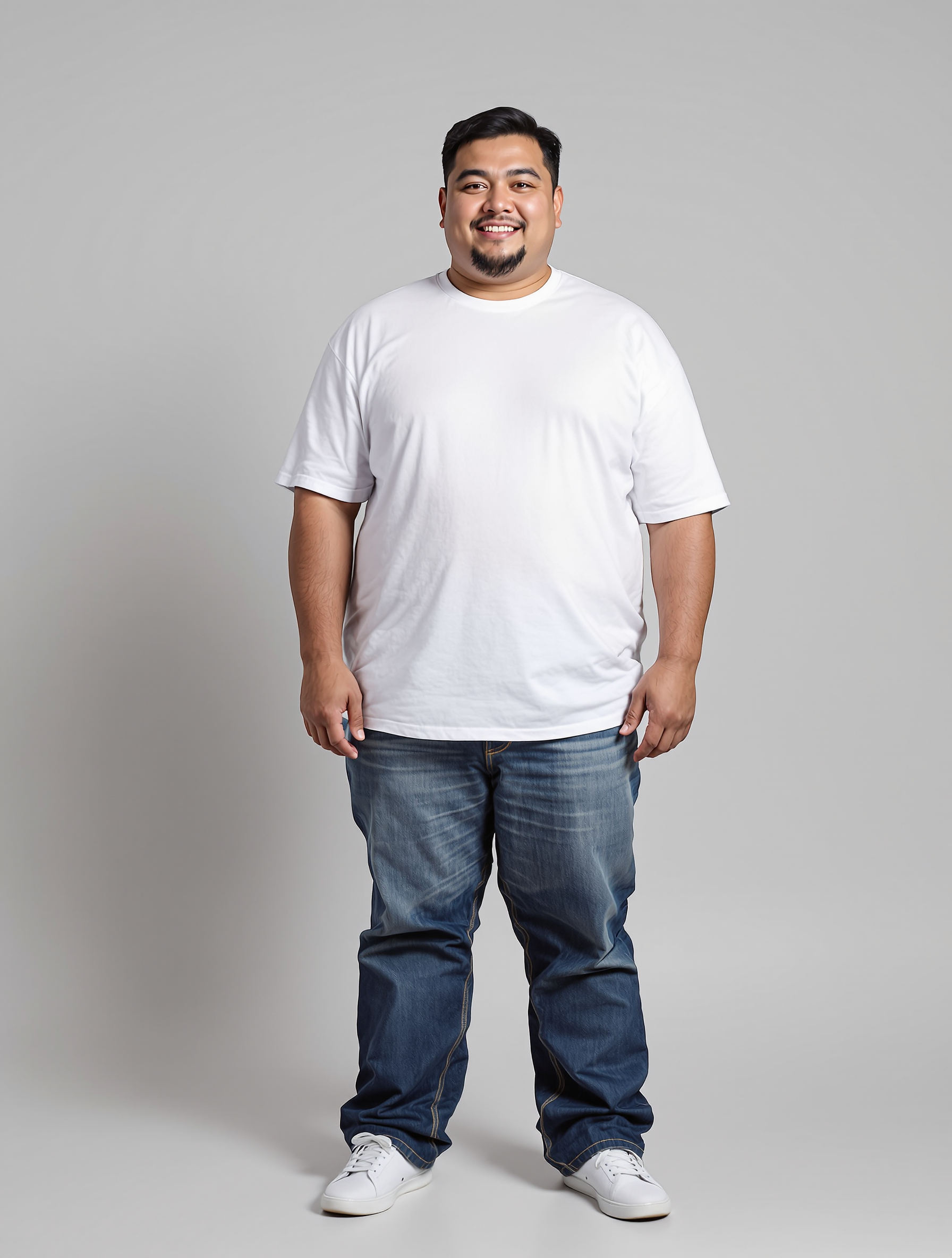 Man in white t-shirt and dark jeans standing against gray background