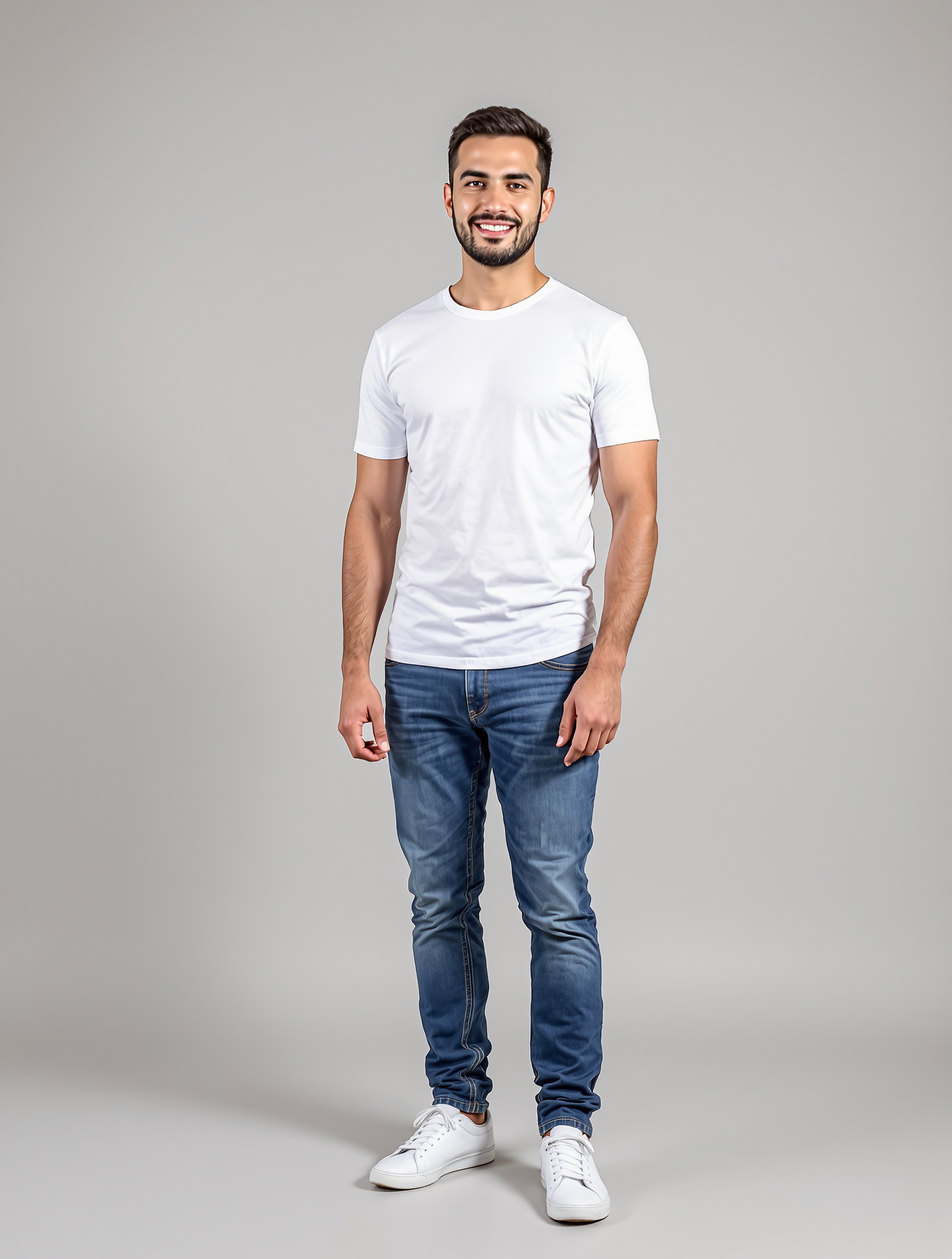 Man in white t-shirt and blue jeans smiling at camera