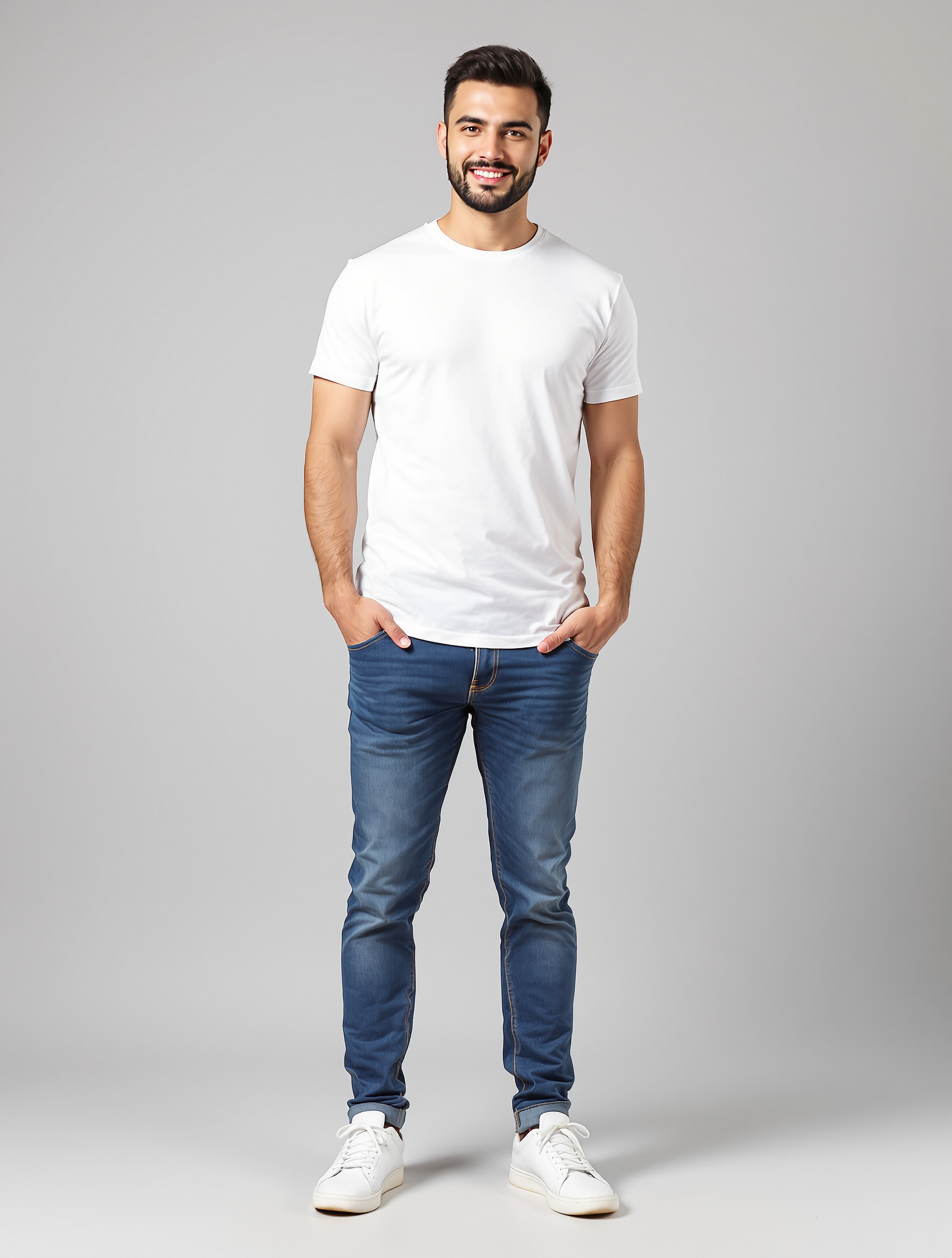 Man in white t-shirt and blue jeans with white sneakers
