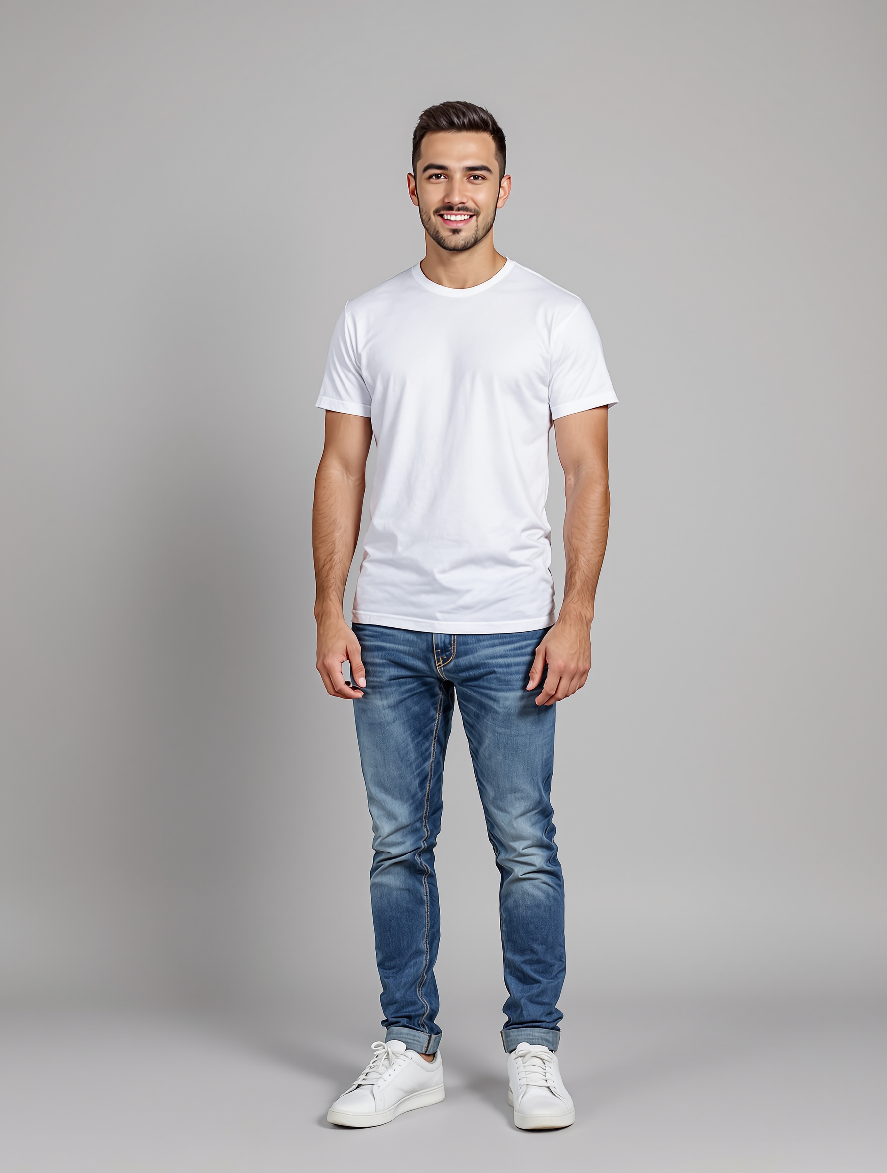 Man in white t-shirt and blue jeans smiling at camera