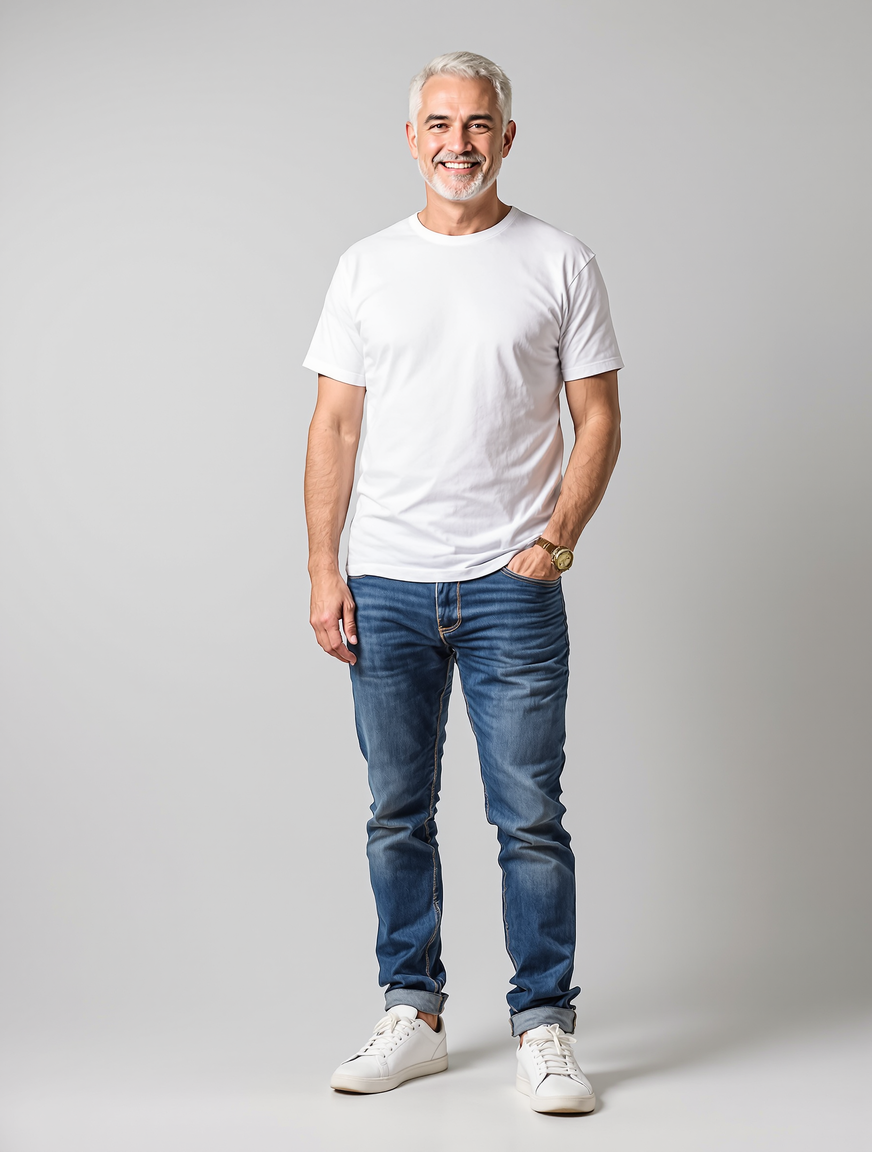 Man with gray hair in white tee and rolled denim jeans