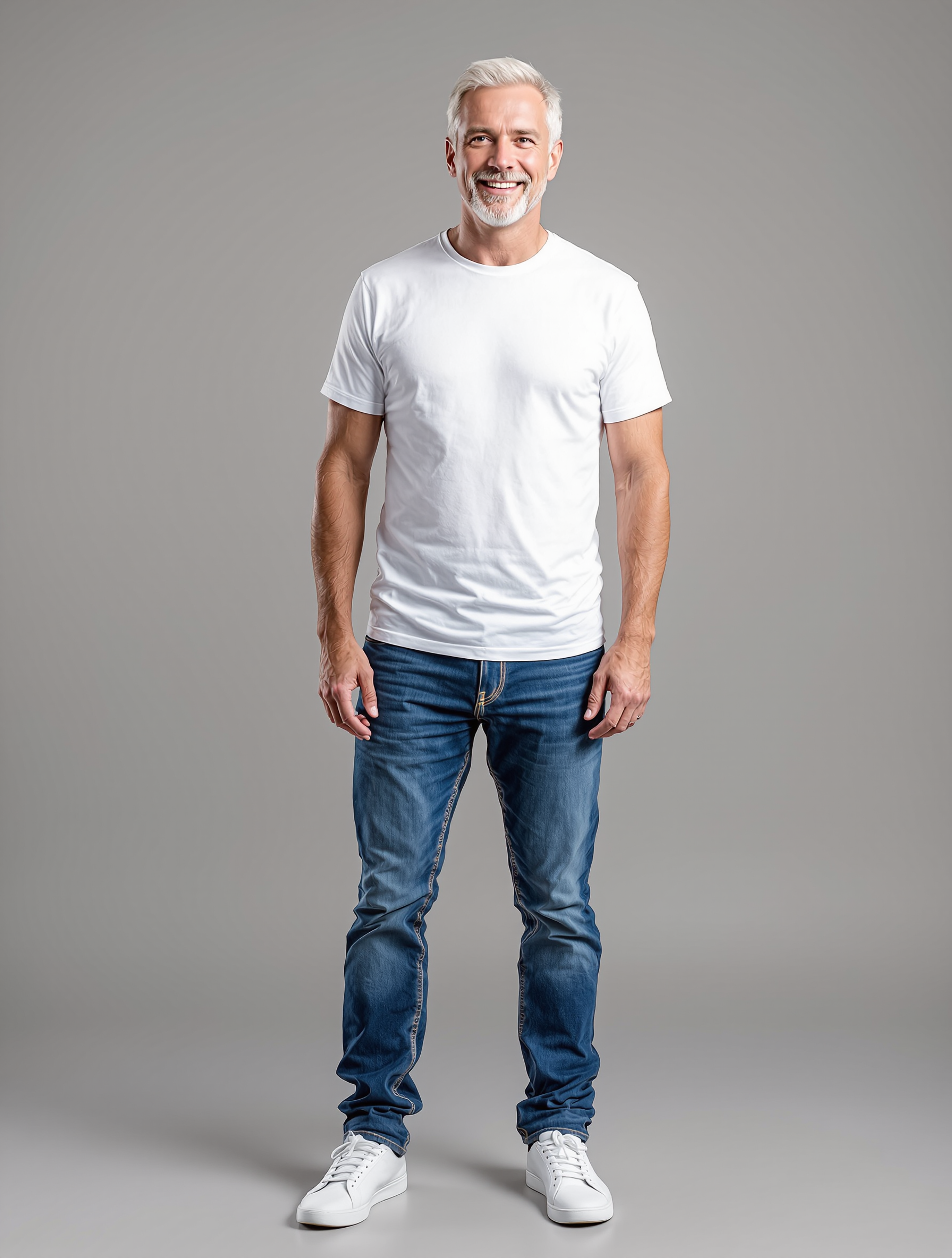 Man with white hair in white t-shirt and blue jeans