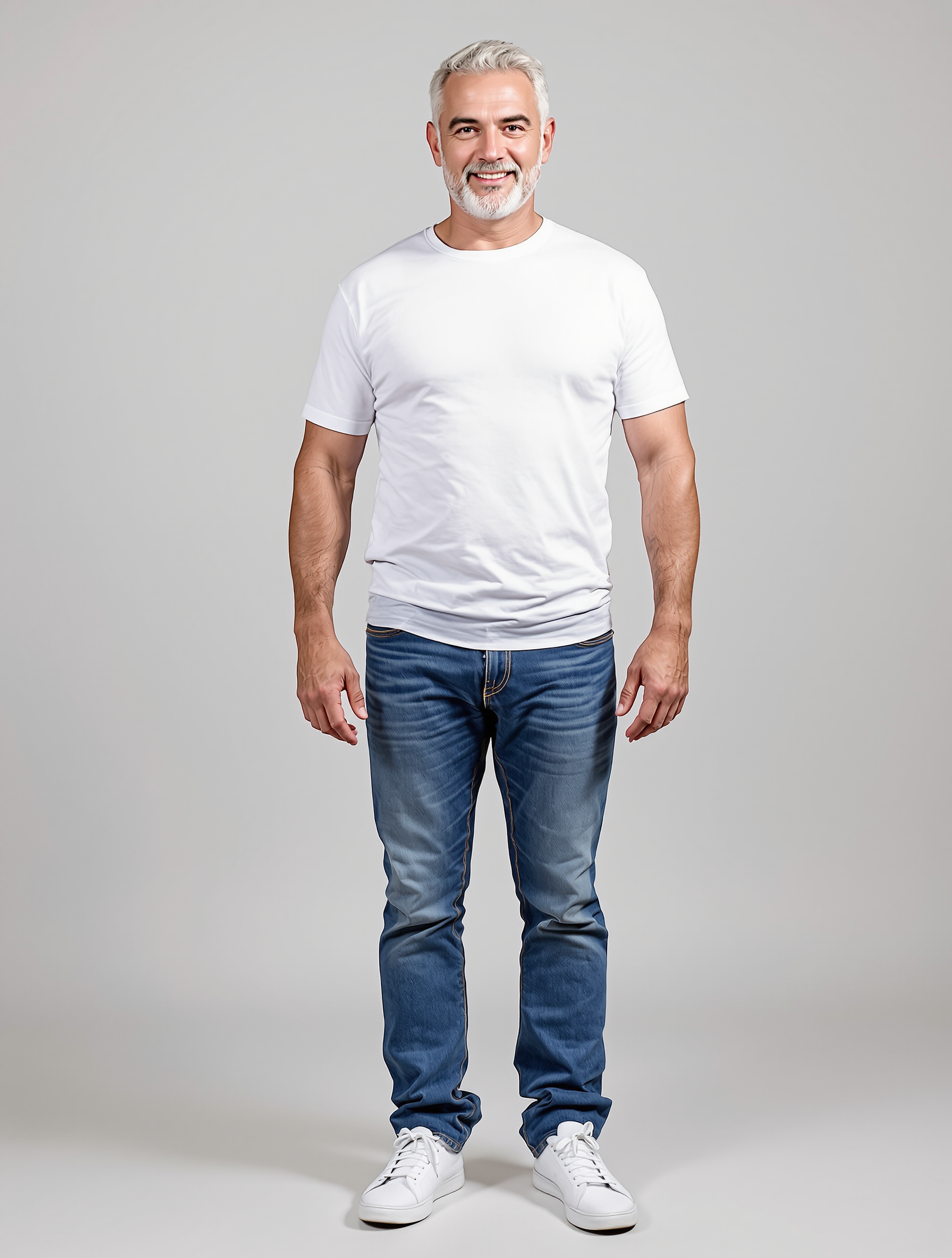 Man with gray hair wearing white t-shirt and blue jeans