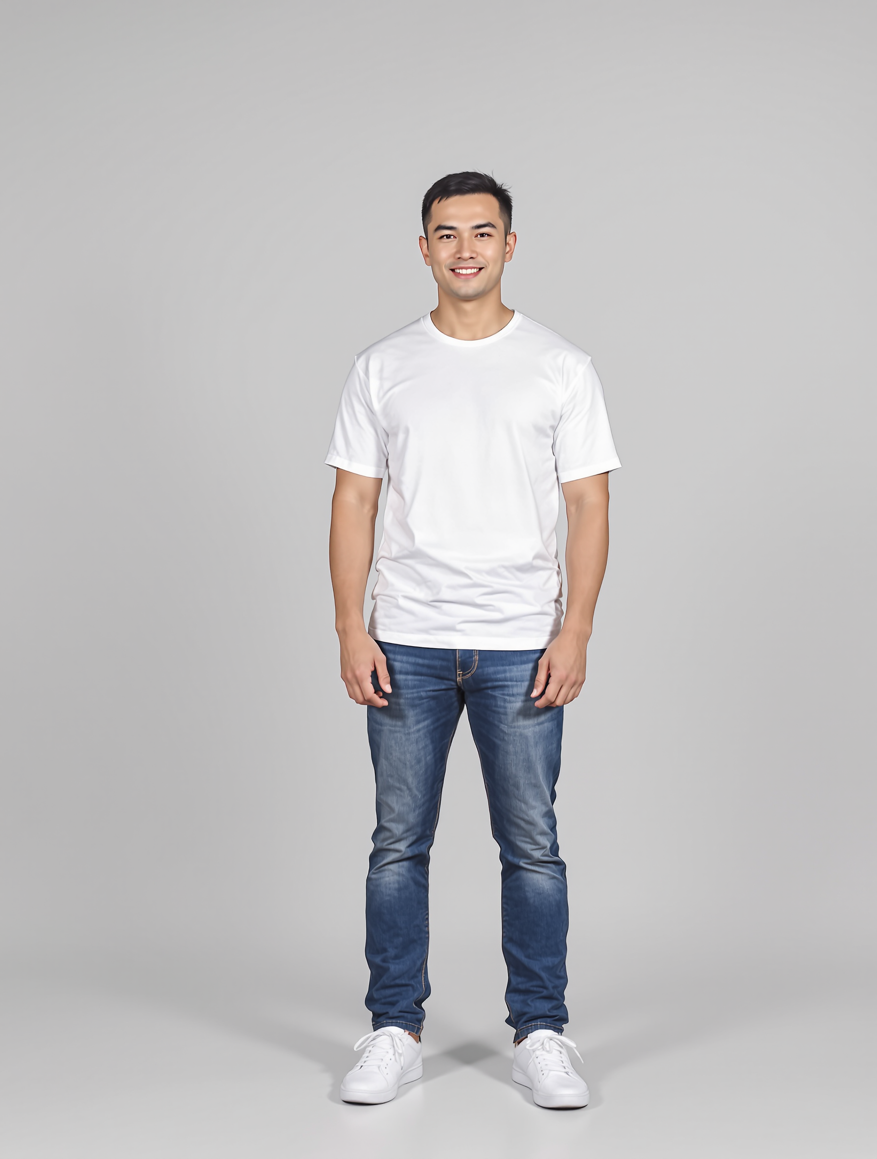Person in white t-shirt and blue jeans standing against neutral background