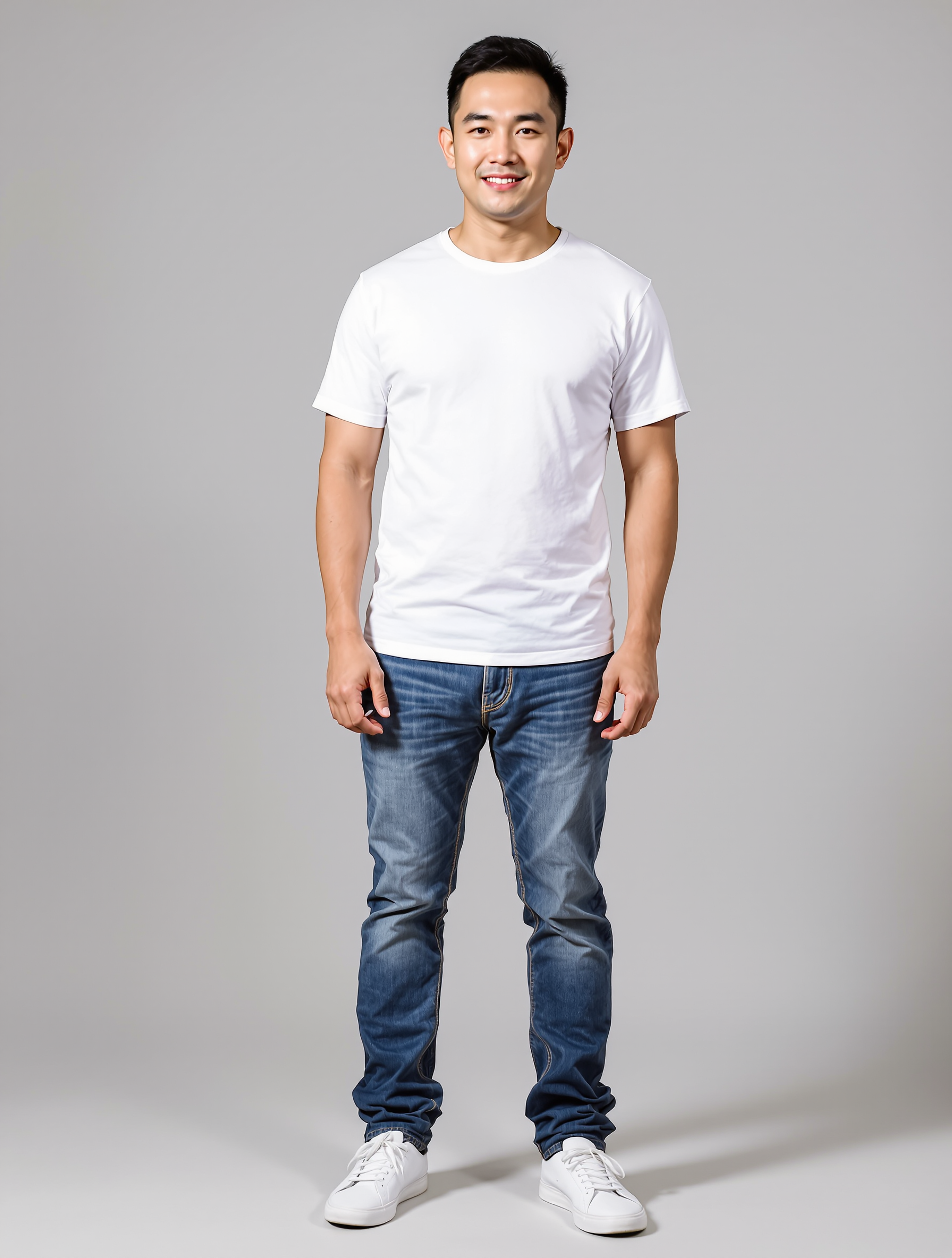 Man in white t-shirt and blue jeans standing against gray background