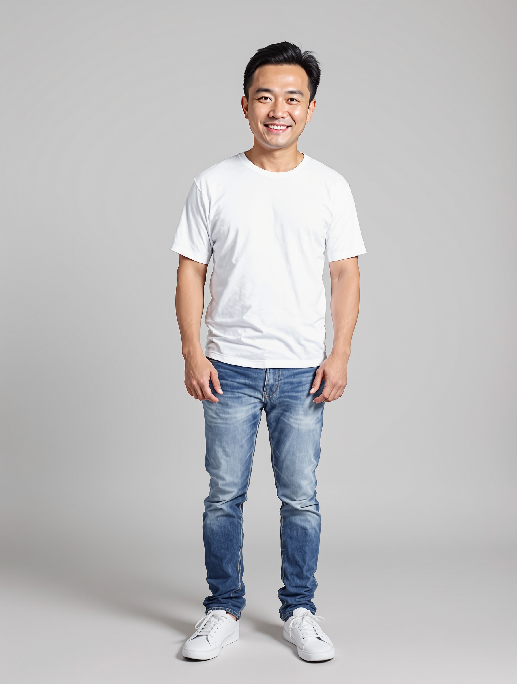 Man in white t-shirt and blue jeans smiling at camera