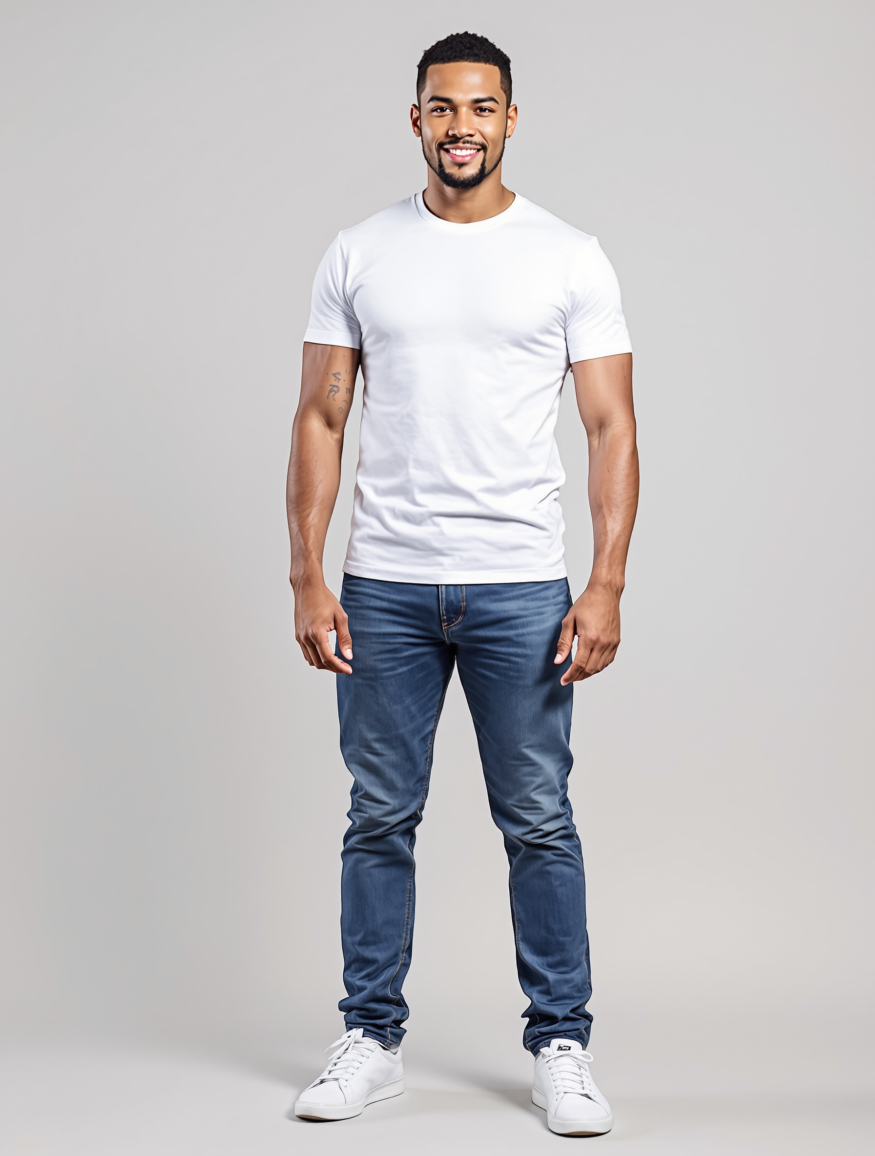 Man in white t-shirt and dark jeans with white sneakers