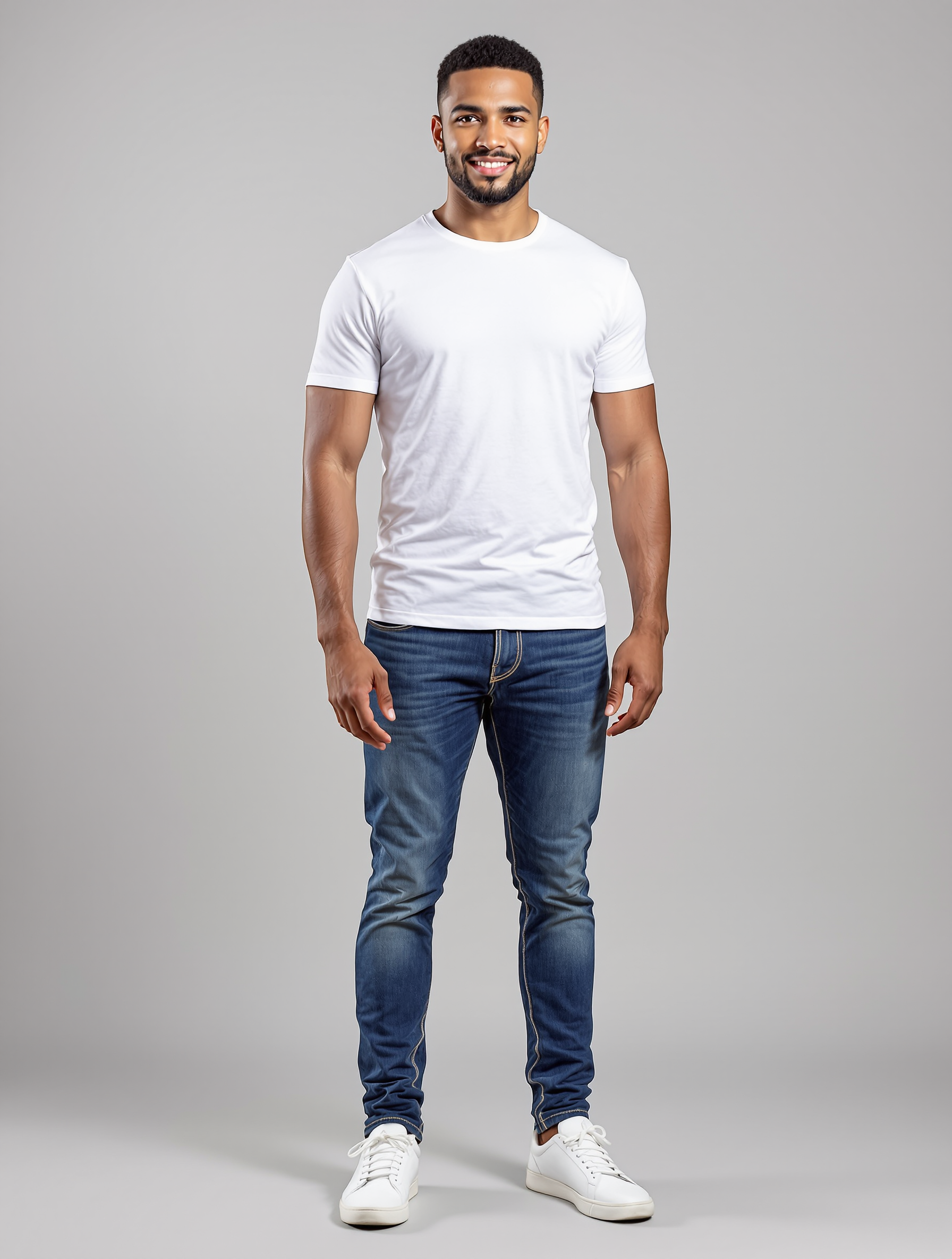 Man in white crew neck tee and dark blue jeans with white sneakers