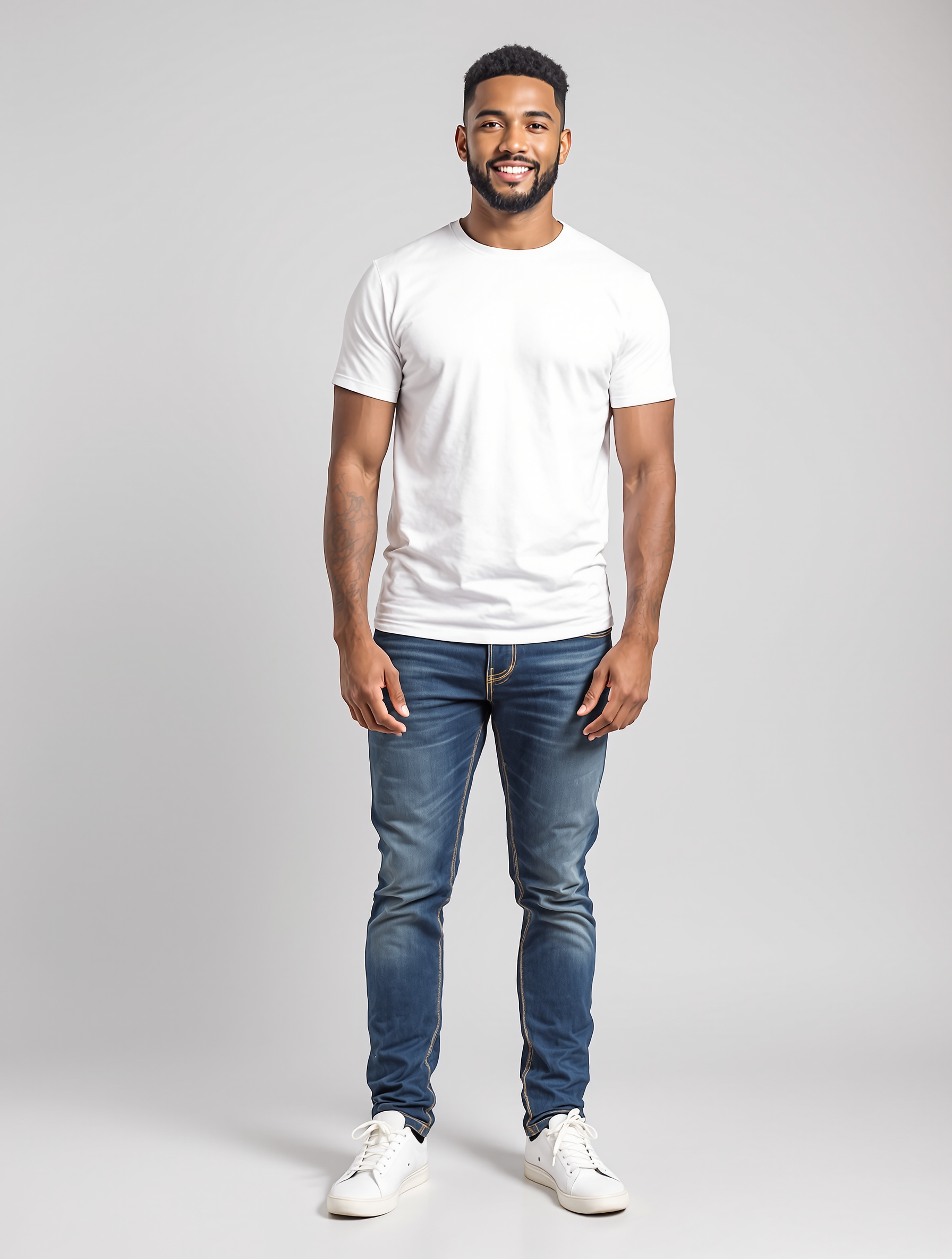 Man in white crew neck t-shirt and dark jeans