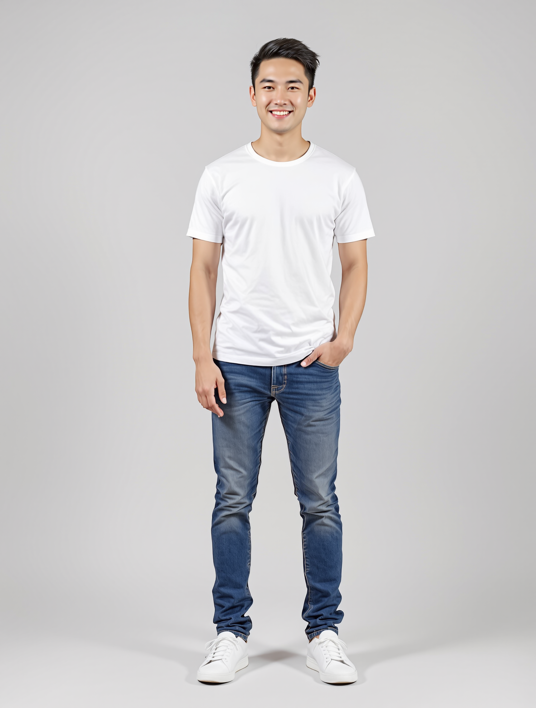 Man in white t-shirt and blue jeans standing against gray background