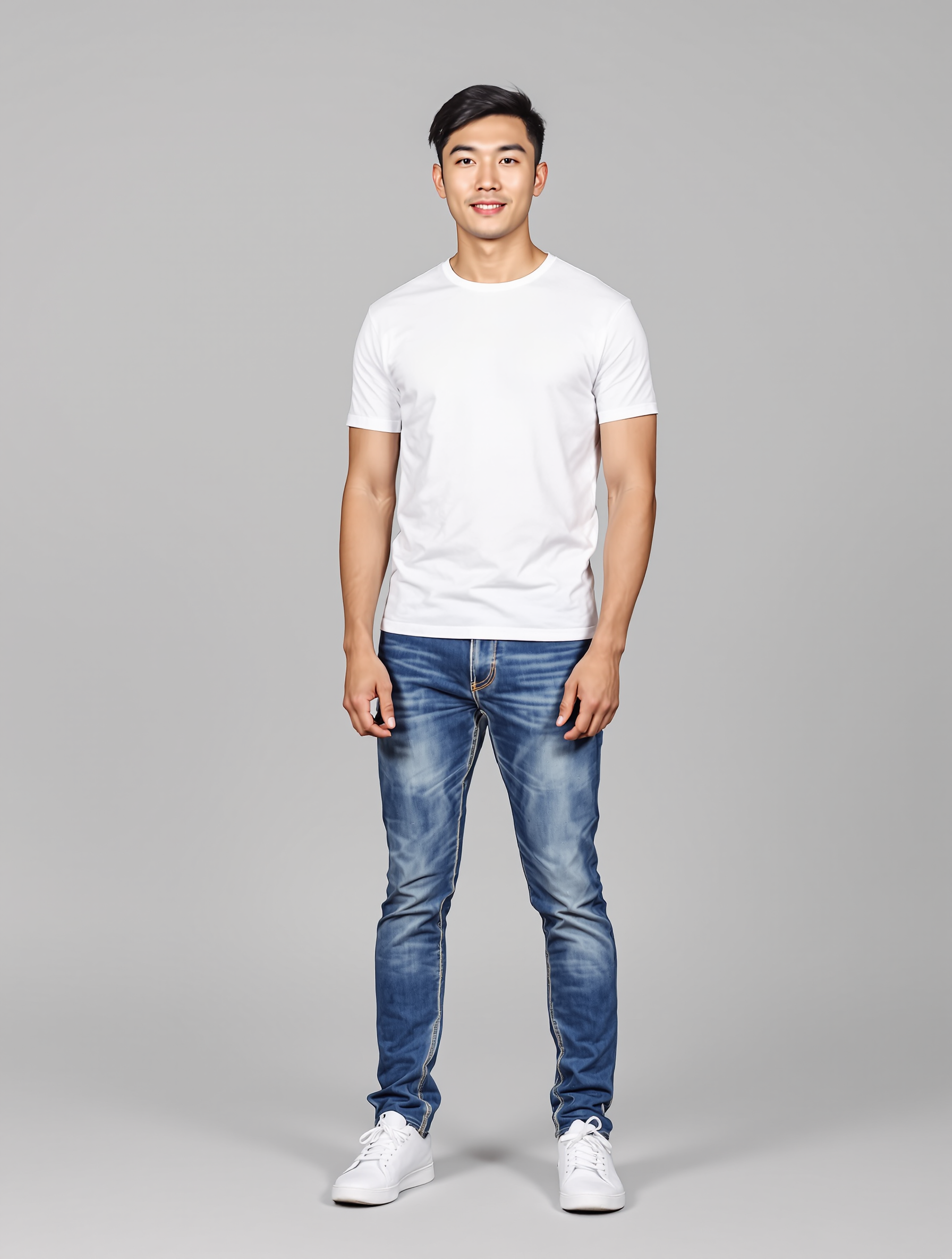 Person wearing white t-shirt and blue jeans with white sneakers