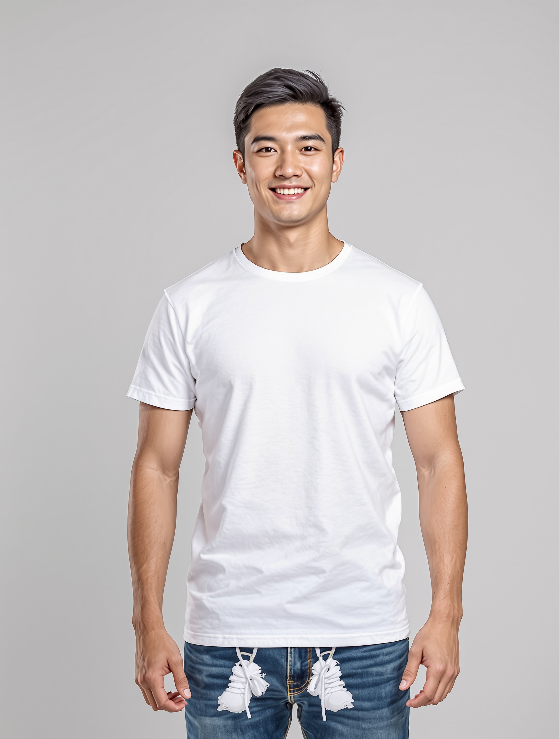 Man in white t-shirt and distressed denim smiling at camera