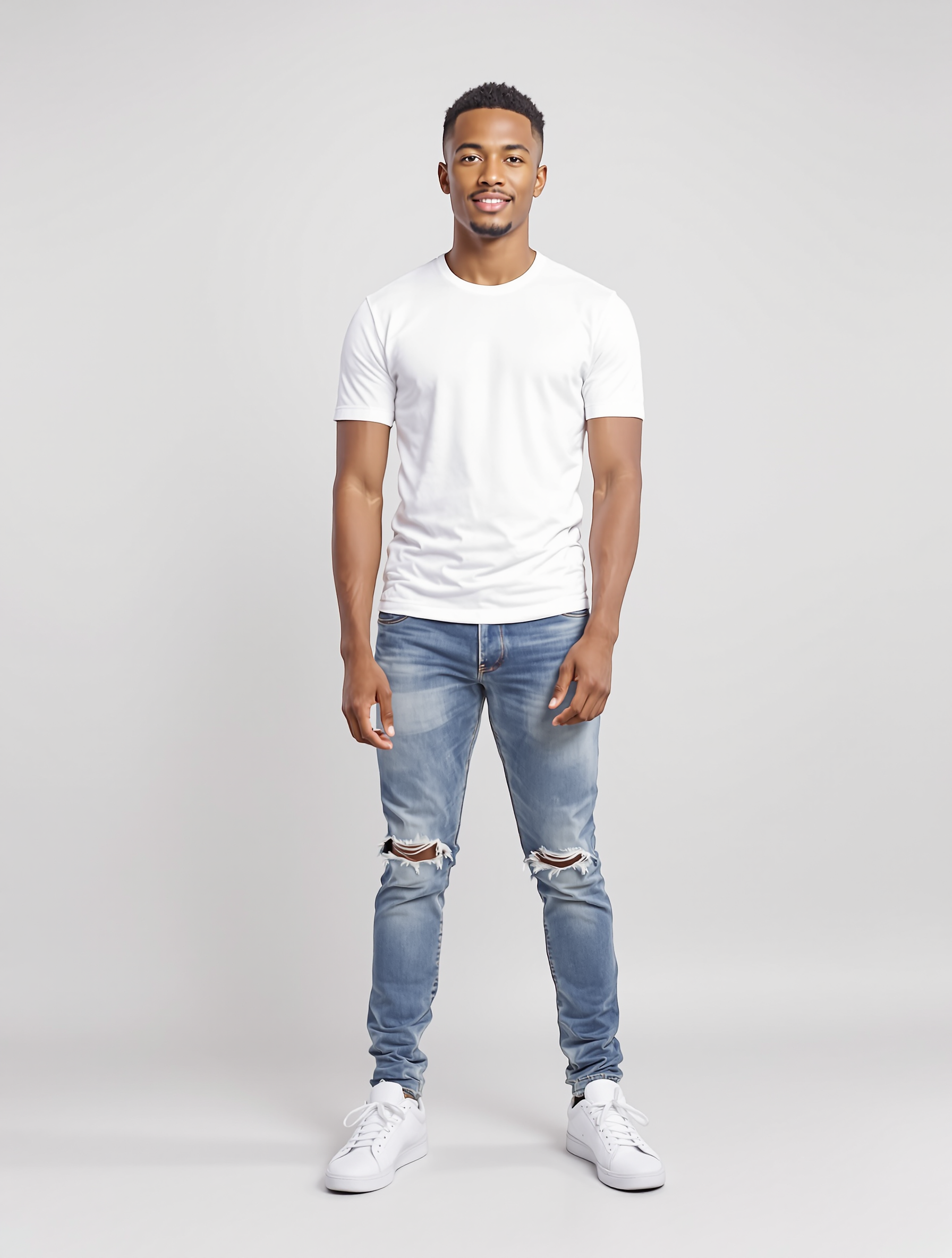Man in white t-shirt and distressed blue jeans with white sneakers