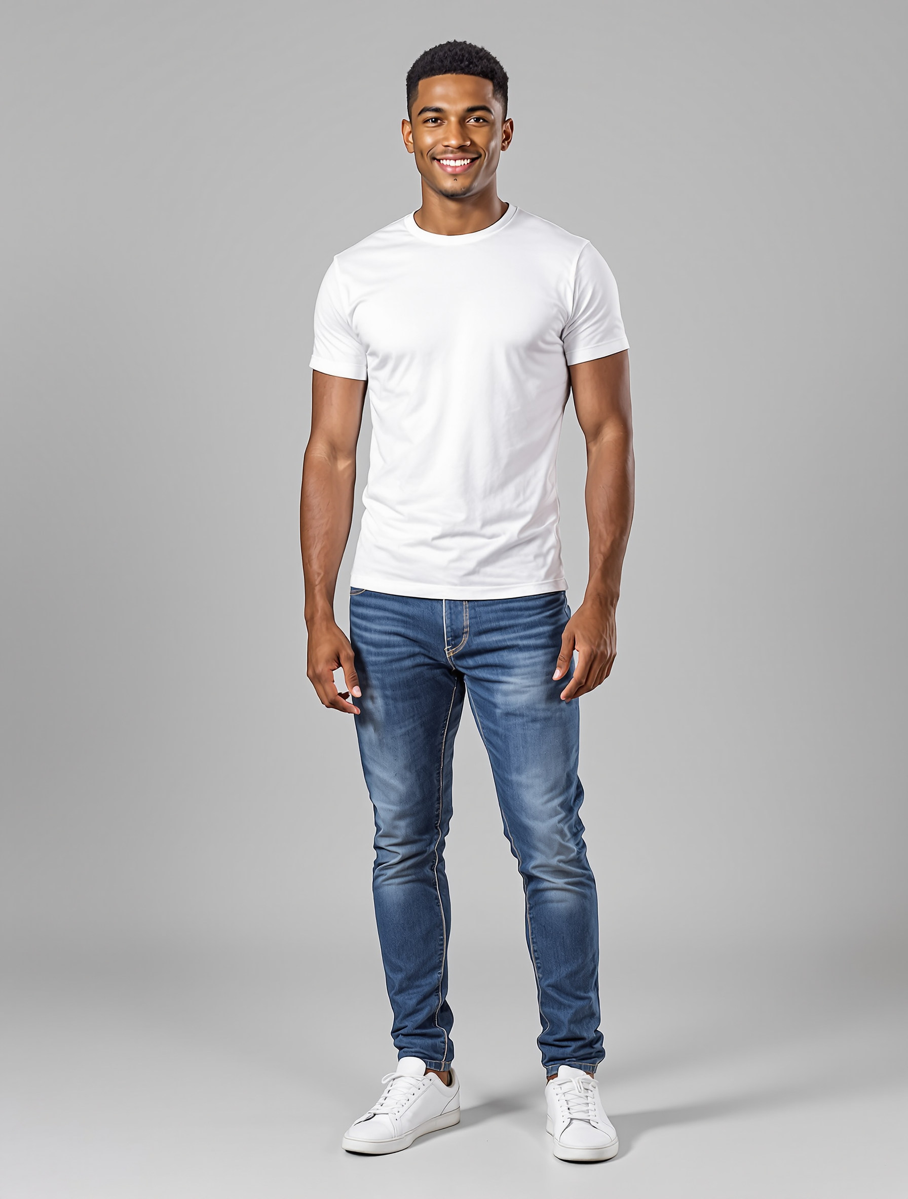 Man in white t-shirt and blue jeans smiling at camera